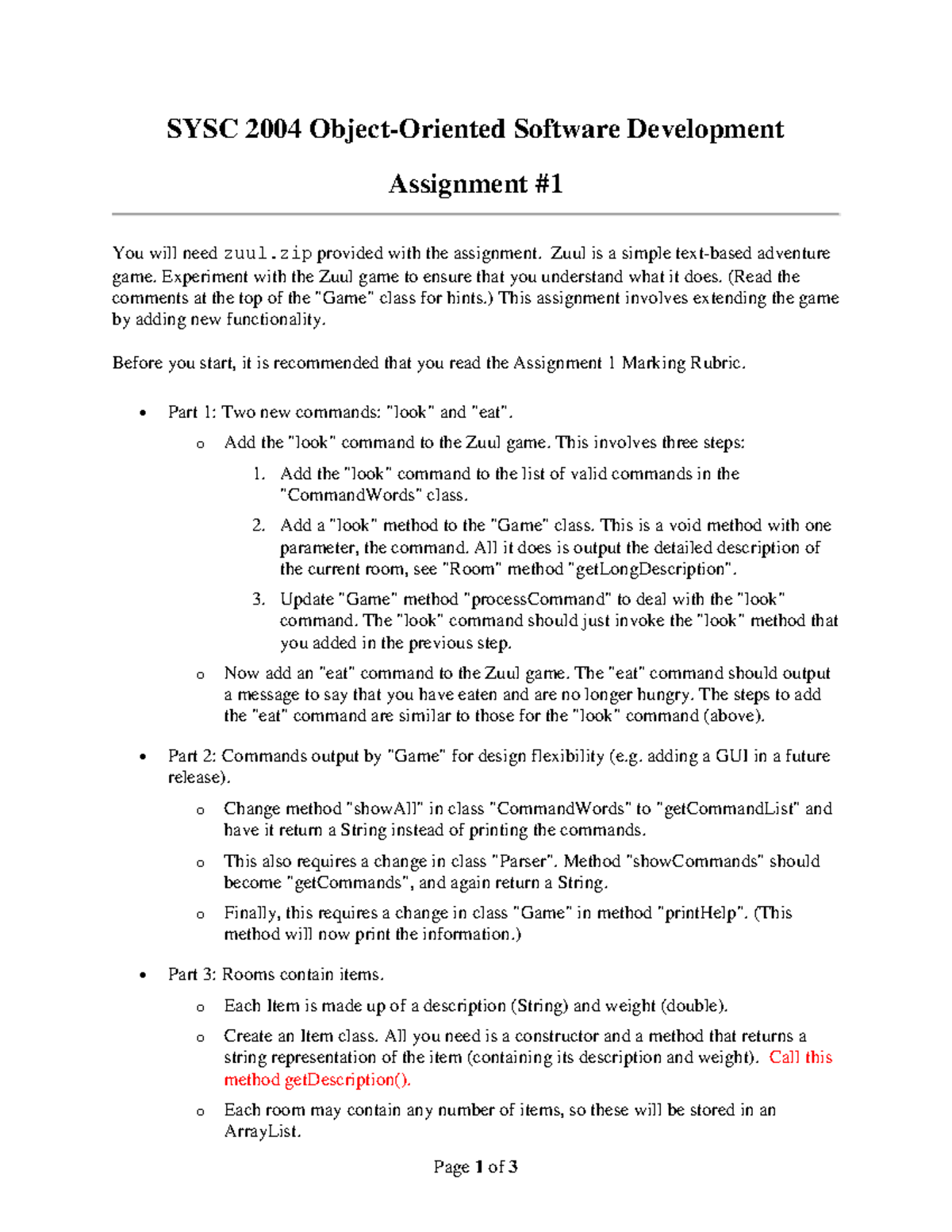 Asst1 - ASSIGNEMNT 1 - Page 1 of 3 SYSC 2004 Object-Oriented Software ...