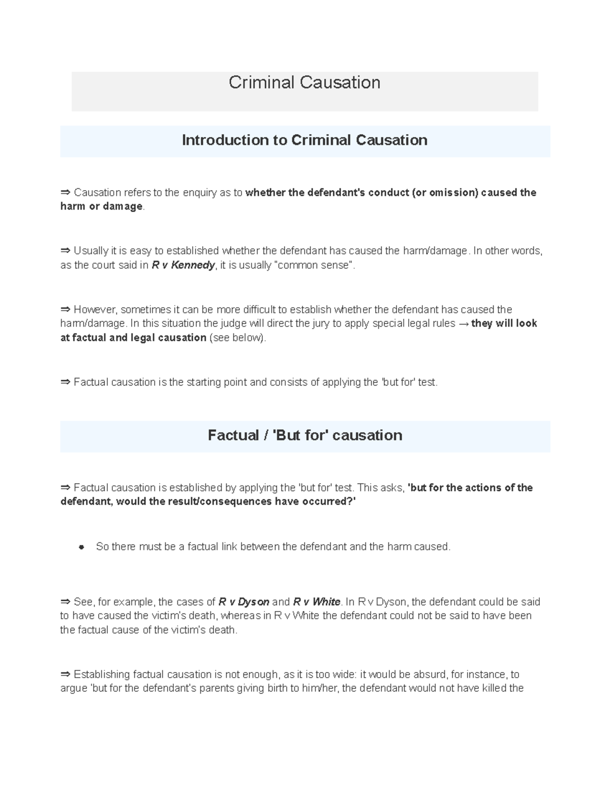 Criminal Law 7: Notes on Causation in Criminal Cases - Studocu