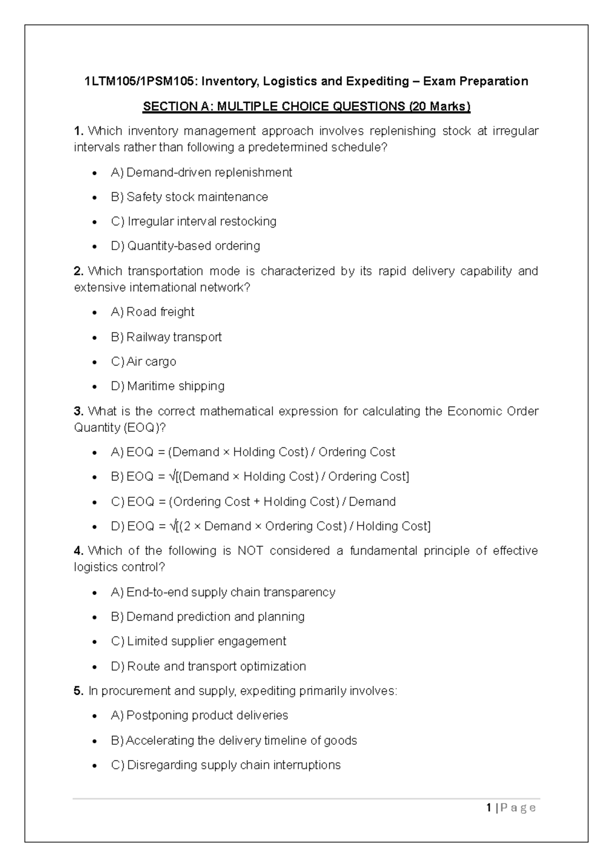 LTM-PSM105 - Inventory, Logistics & Expediting Exam Prep Guide - Studocu