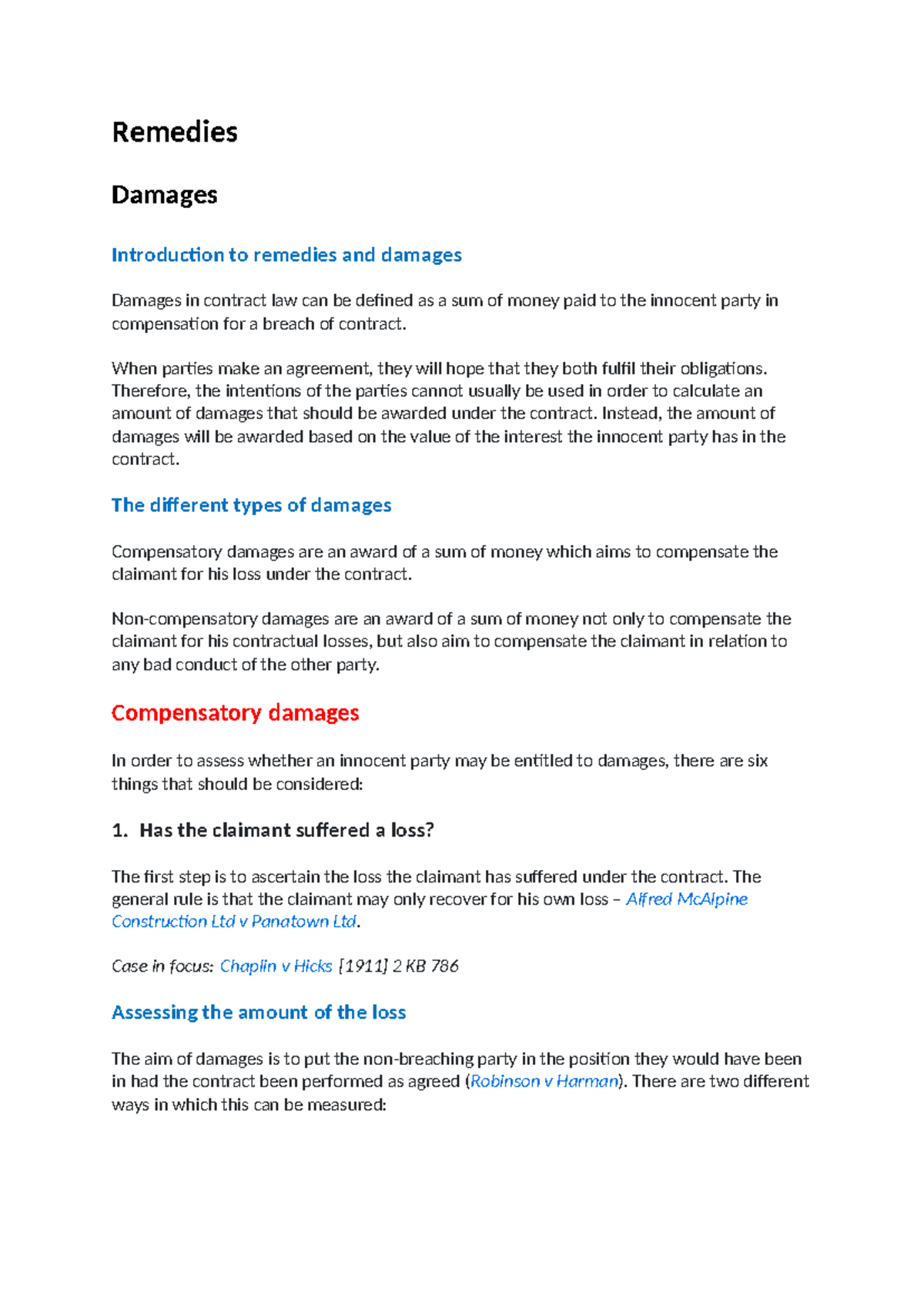 Remedies in Contract Law - Teacher Notes (Law 101) - Studocu