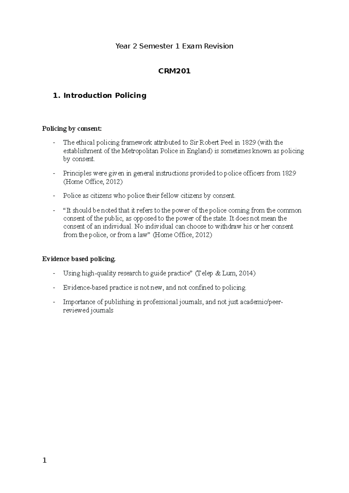 CRM201 Year 2 Semester 1 Exam Revision: Policing and Crime Prevention ...
