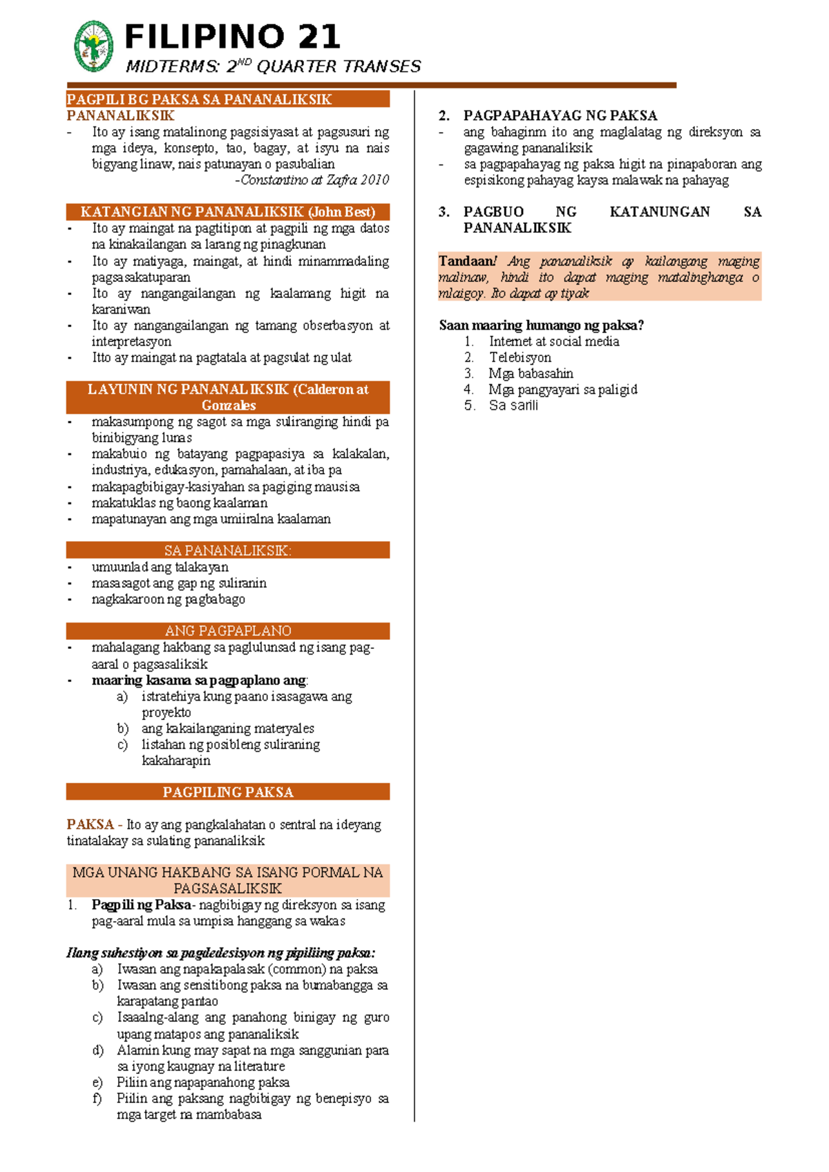 FIL 21 Midterms - FIL 21 TRANSES NOTES - MIDTERMS: 2ND QUARTER TRANSES ...