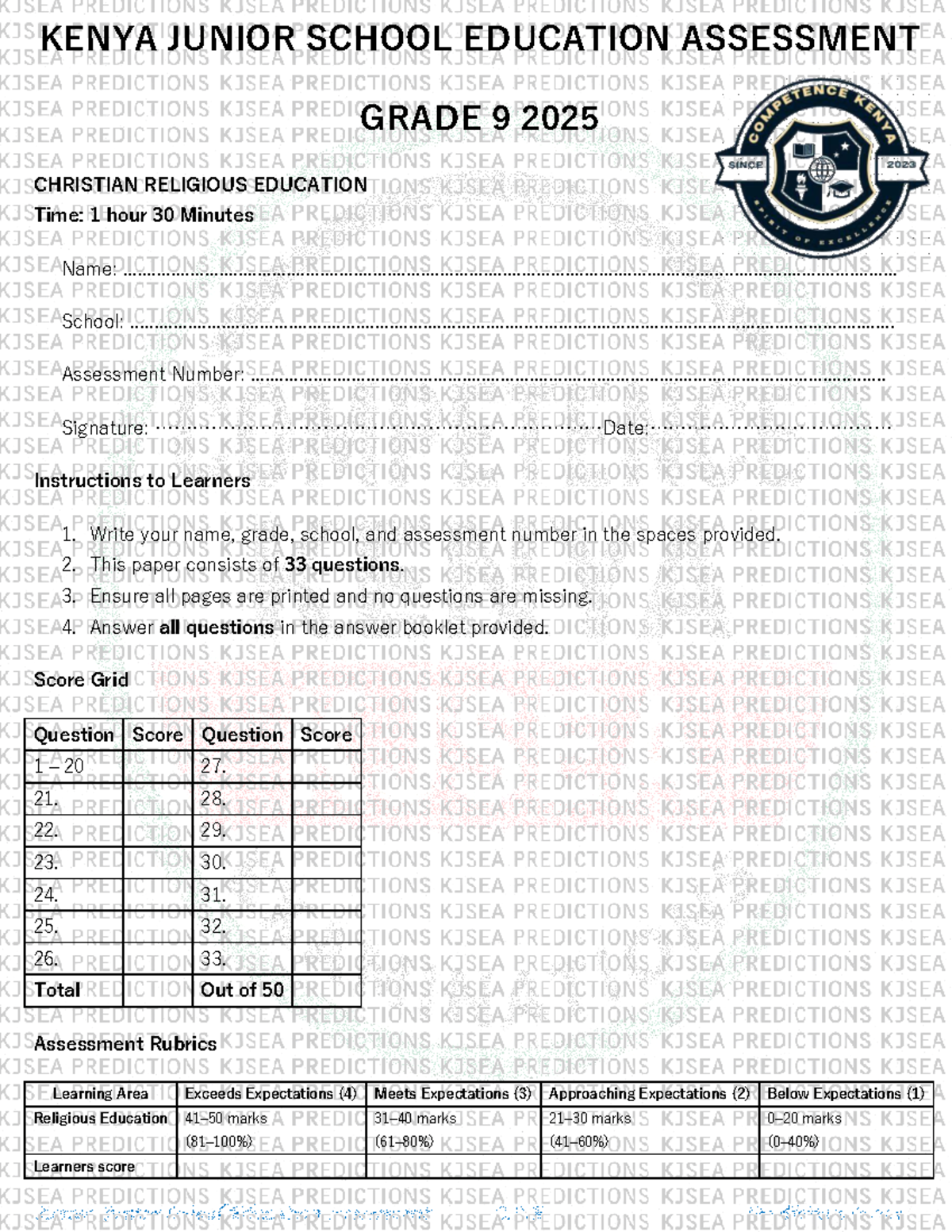 KENYA JUNIOR SCHOOL GRADE 9 C.R.E ASSESSMENT 2025 - Studocu