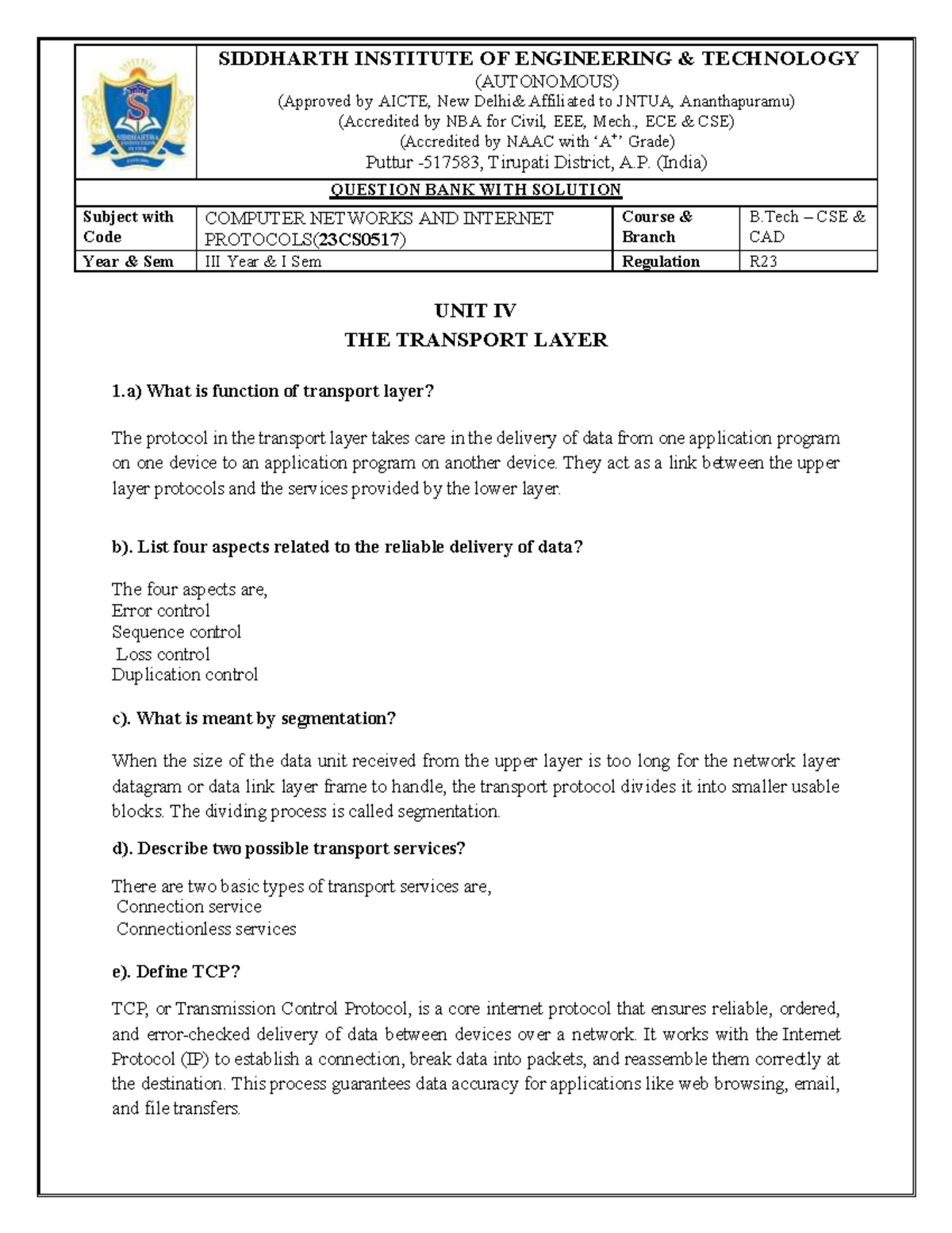 CNIP-23CS0517 Unit IV Question Bank Solutions on Transport Layer - Studocu