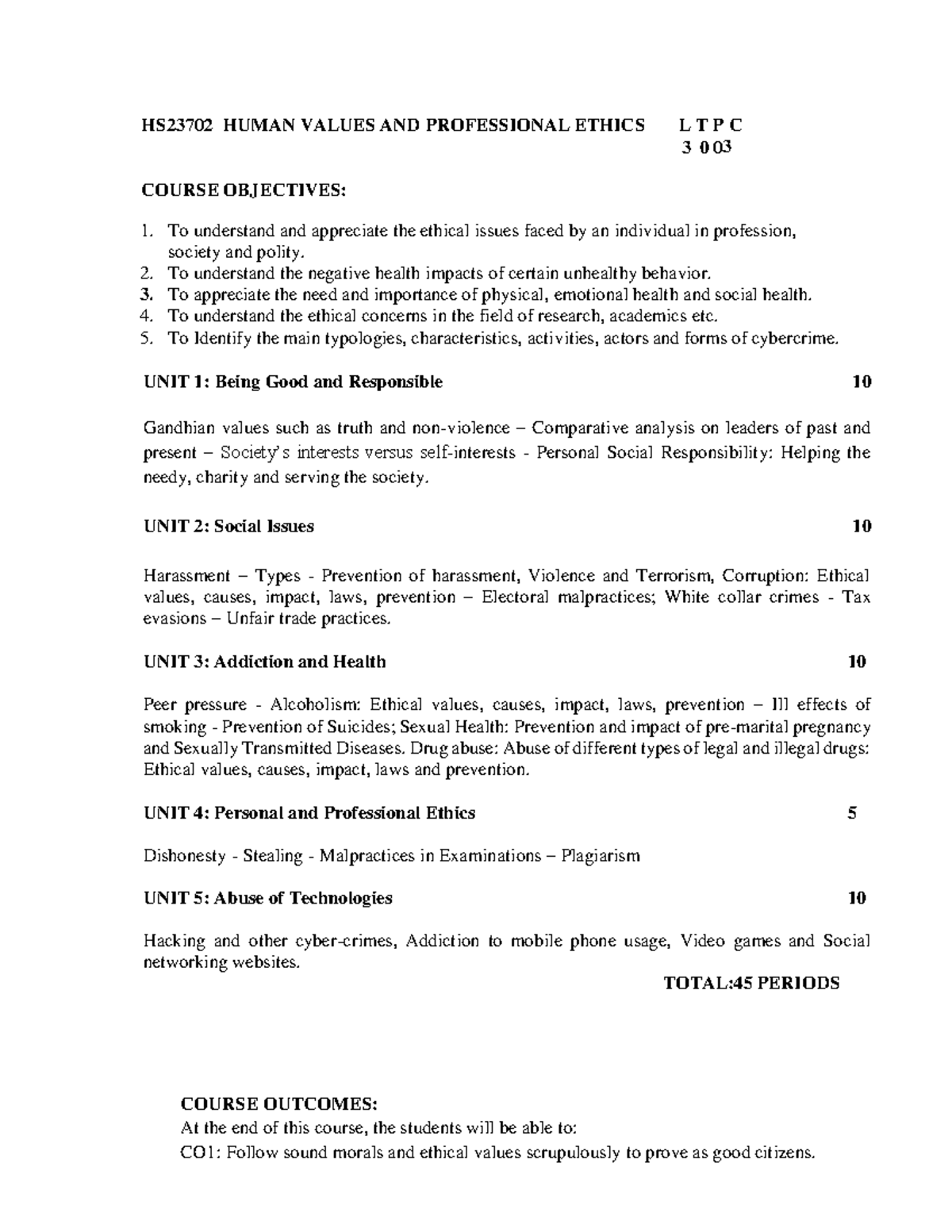 HS23702 Human Values and Professional Ethics Course Overview - Studocu
