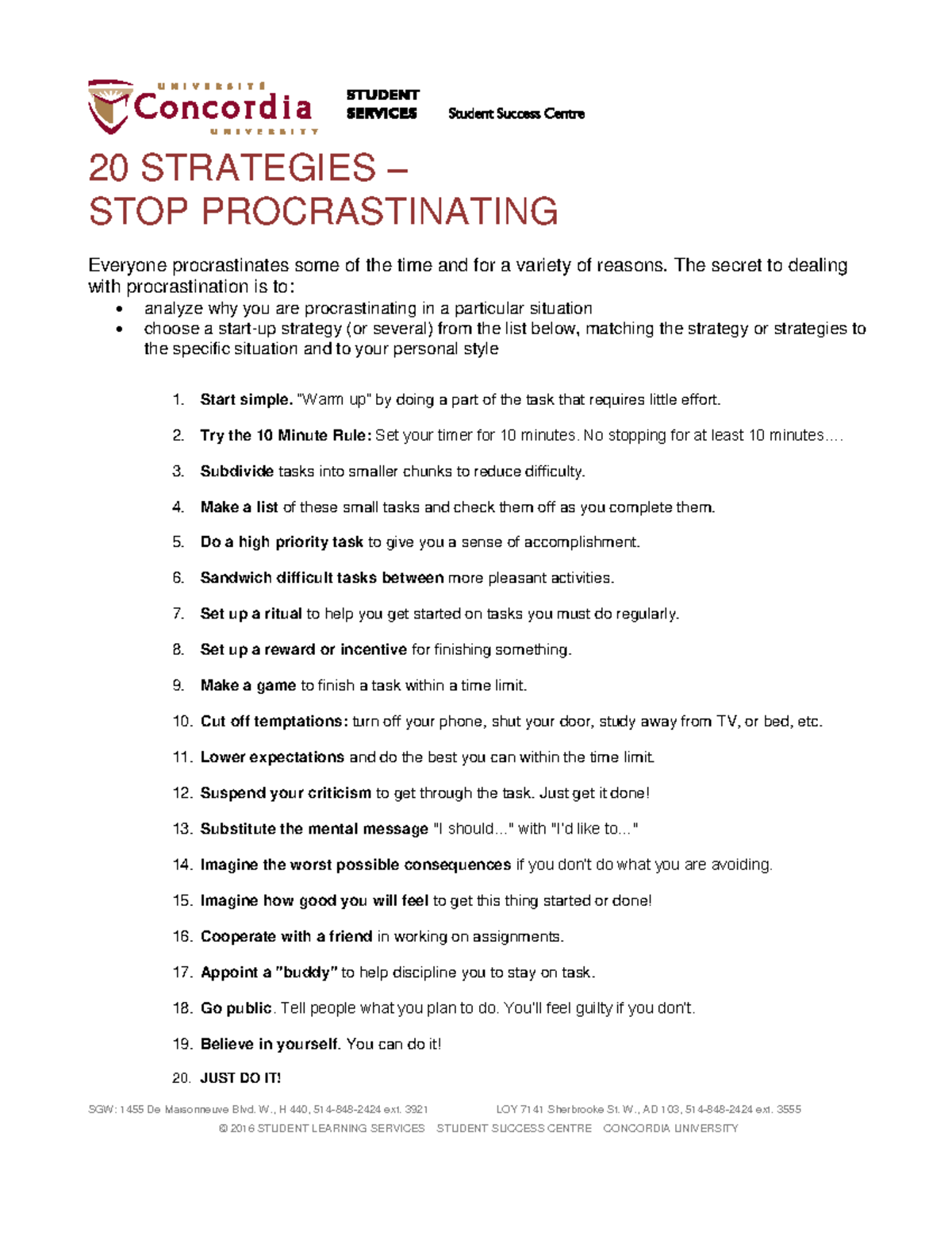 20 Strategies - Stop Procrastinating - SGW: 1455 De Maisonneuve Blvd. W ...
