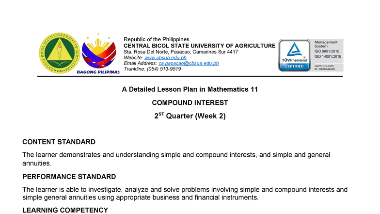 Mathematics 11 Detailed Lesson Plan: Compound Interest (2nd Quarter ...