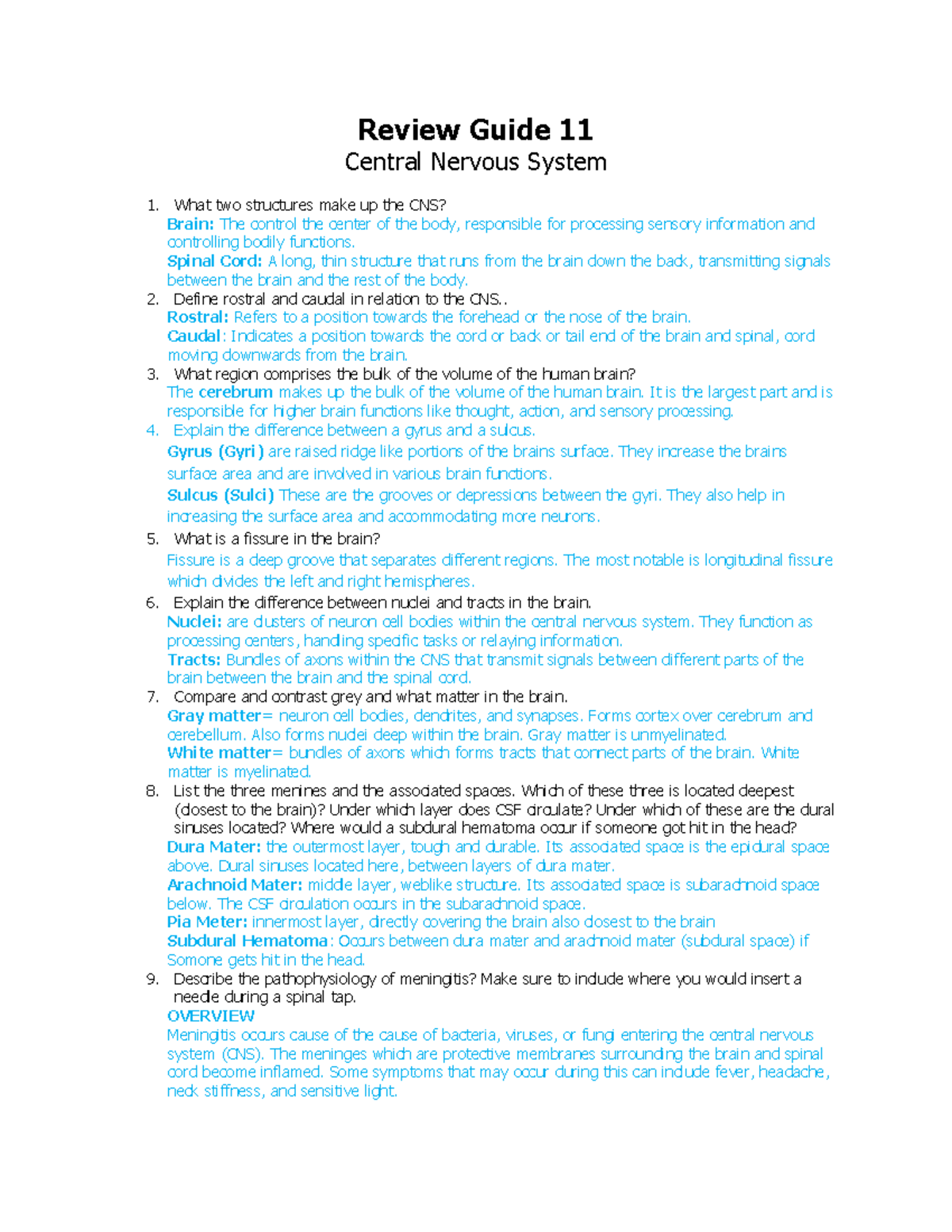 Review Guide 12 Central Nervous System - Review Guide 11 Central ...