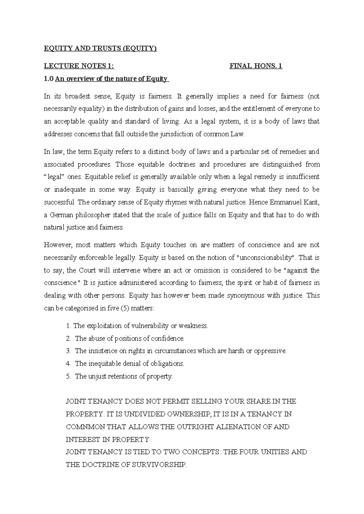 EQUITY AND TRUSTS (EQUITY) LECTURE NOTES 1: FINAL HONS. SUMMARY - Studocu