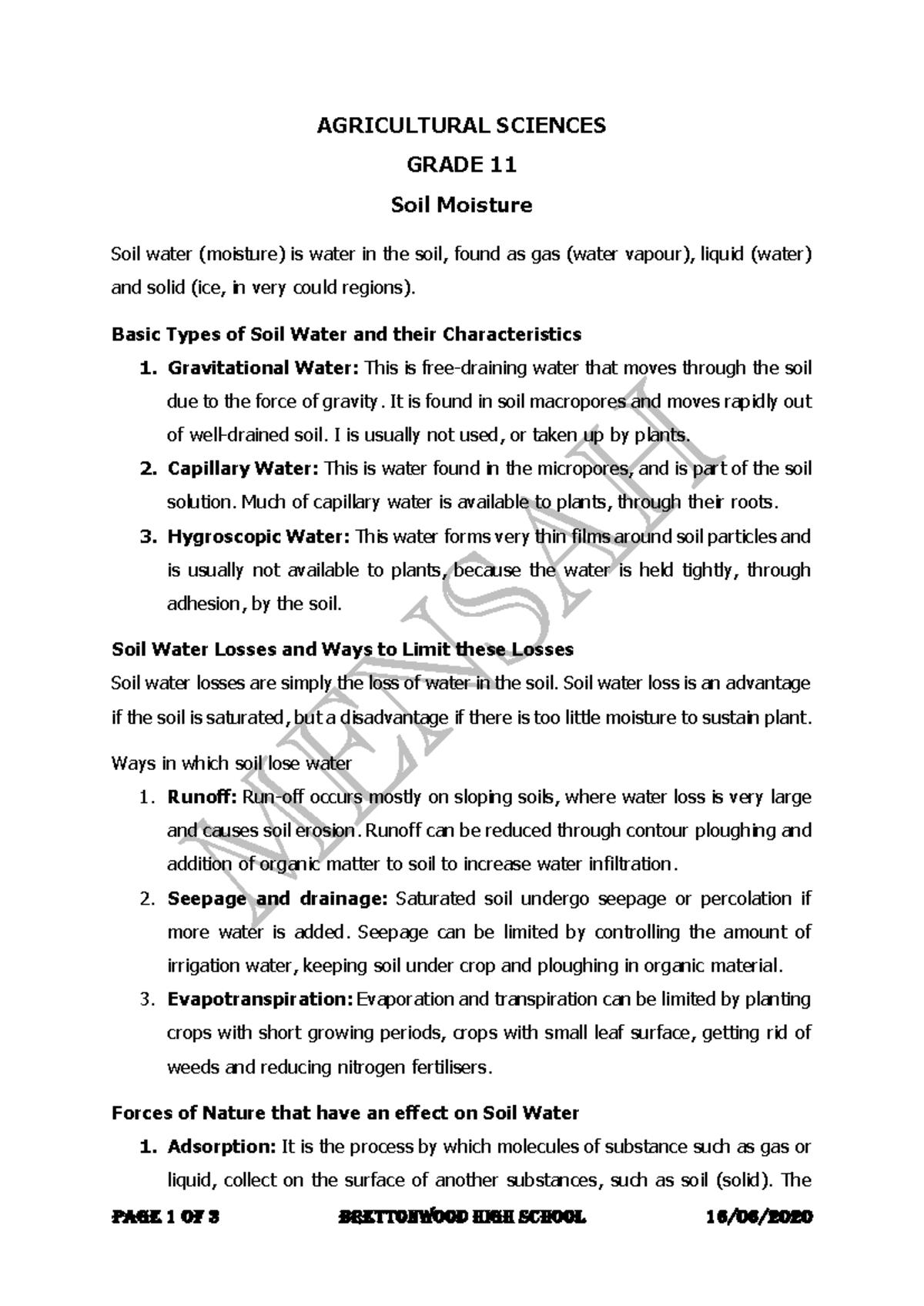 Grade 11 Agric Sc Final Exam Notes on Soil Moisture Concepts - Studocu