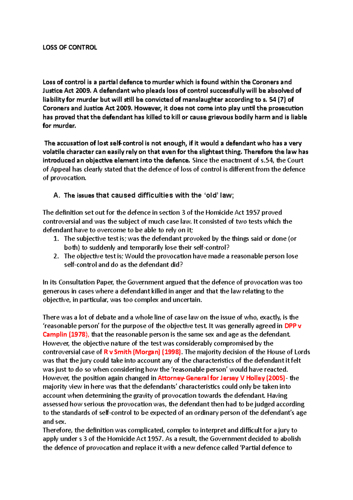 LOSS OF Control - CRIMINAL - LOSS OF CONTROL Loss of control is a ...