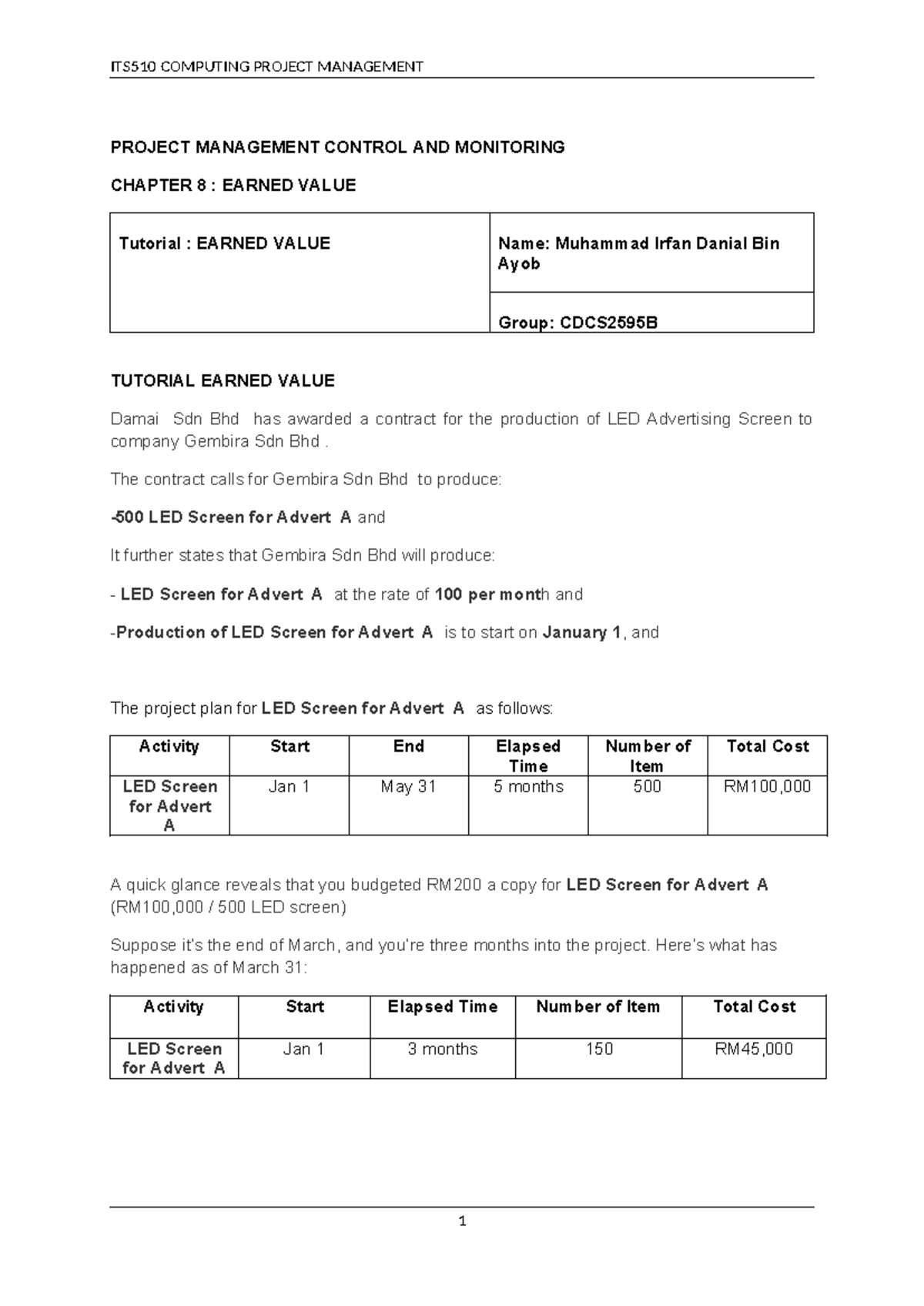 ITS510 COMPUTING PROJECT MANAGEMENT TUTORIAL: EARNED VALUE ANALYSIS ...