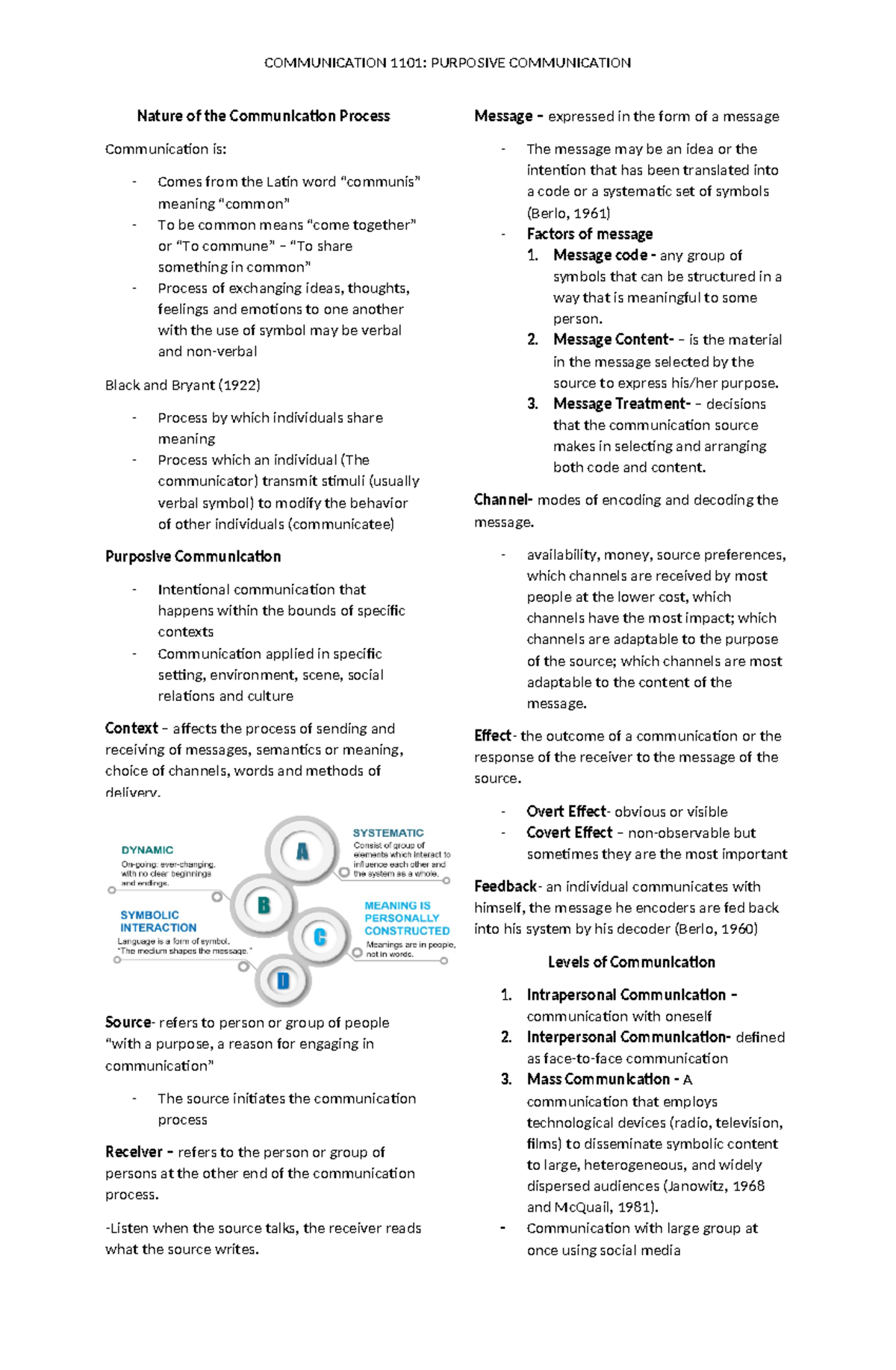 COMM 1100 - Nature of the Communication Process Communication is: Comes ...