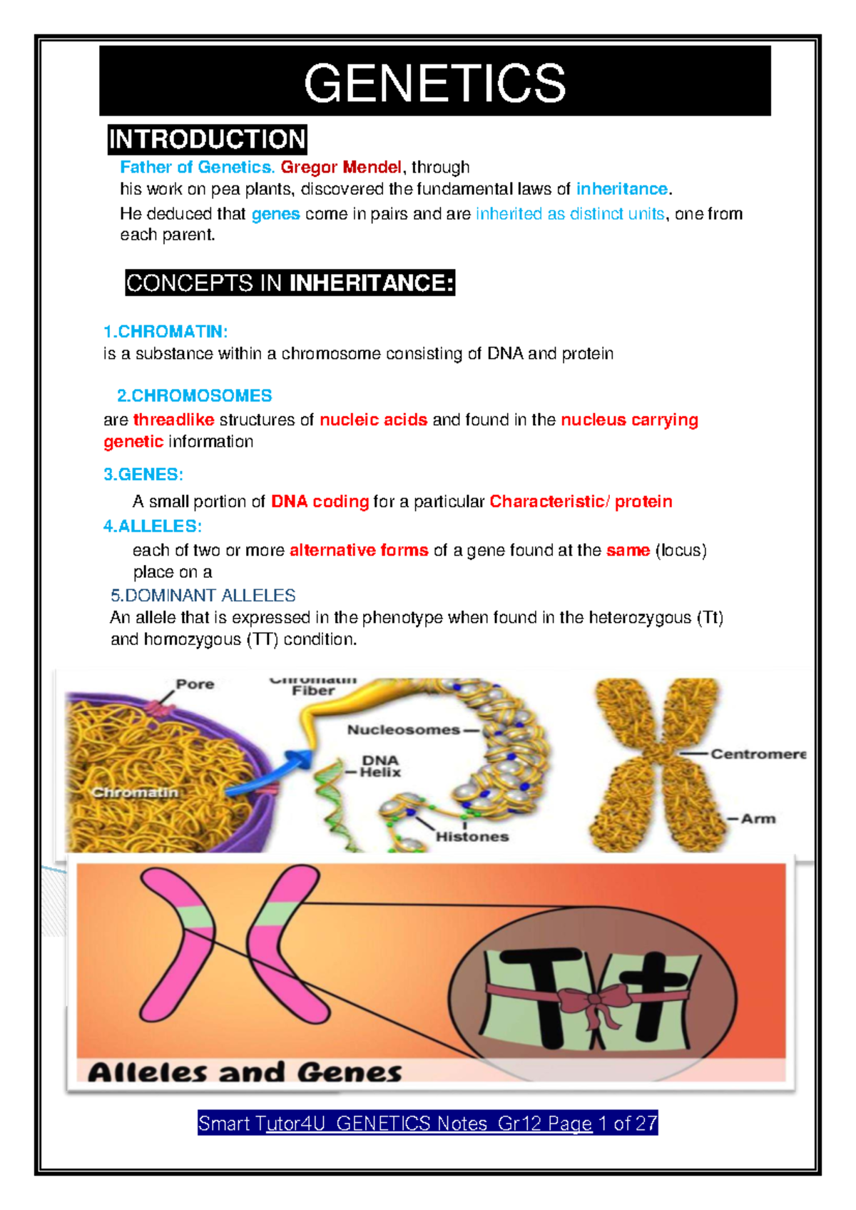 Genetics Notes GR12: Introduction to Inheritance Concepts - Studocu