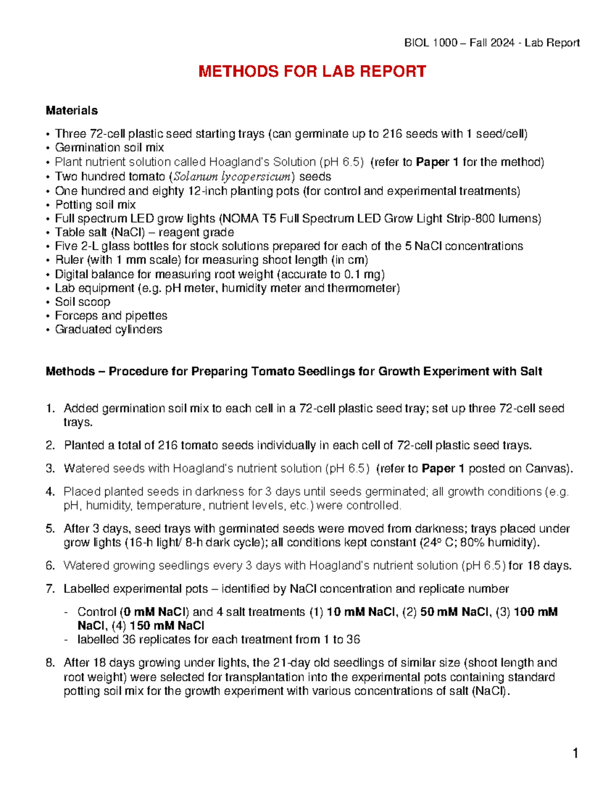 BIOL1000-F2024-Lab Report on Tomato Growth Experiment Methods - Studocu