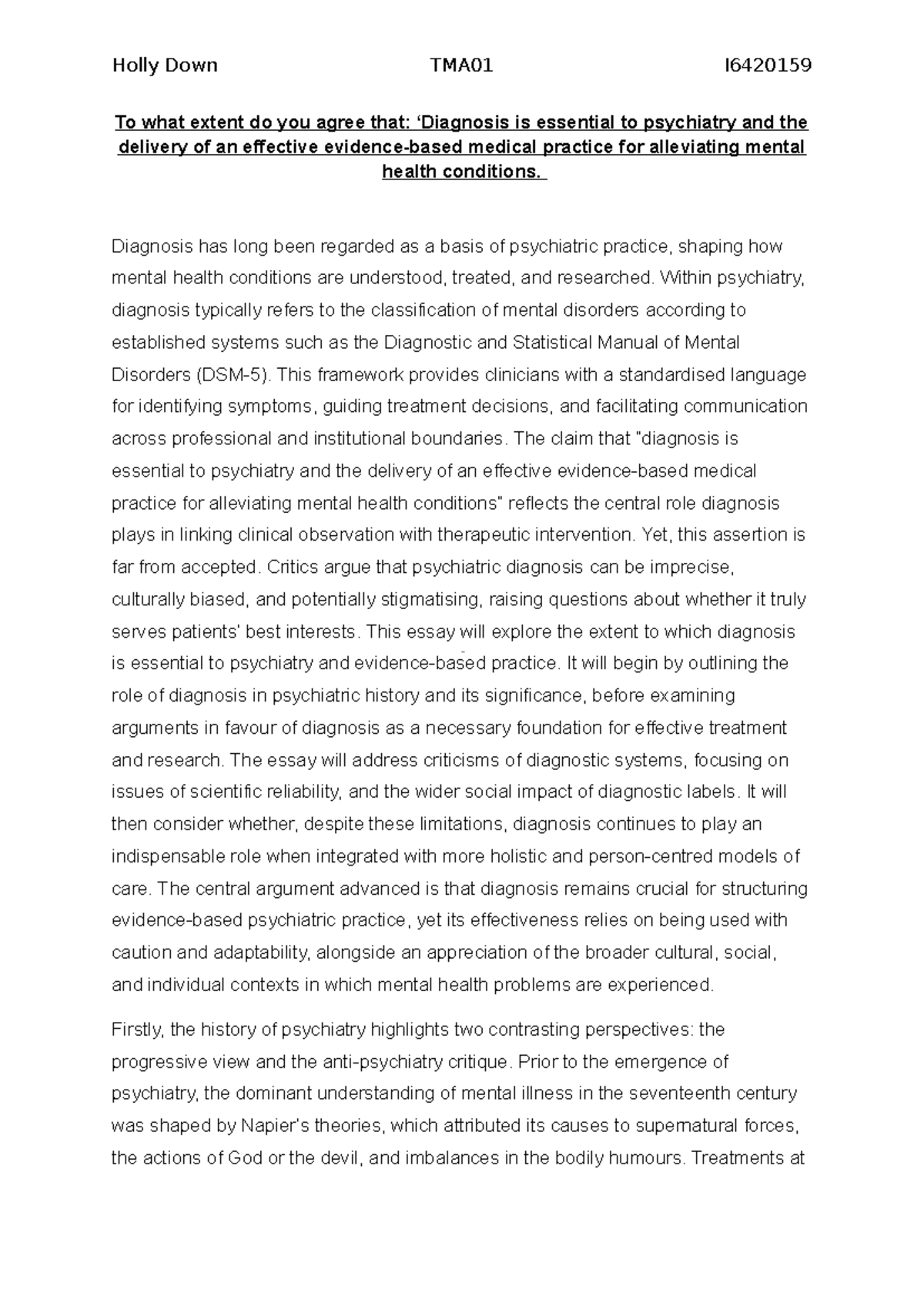 Holly Down TMA01 - The Role of Diagnosis in Psychiatry and Care - Studocu