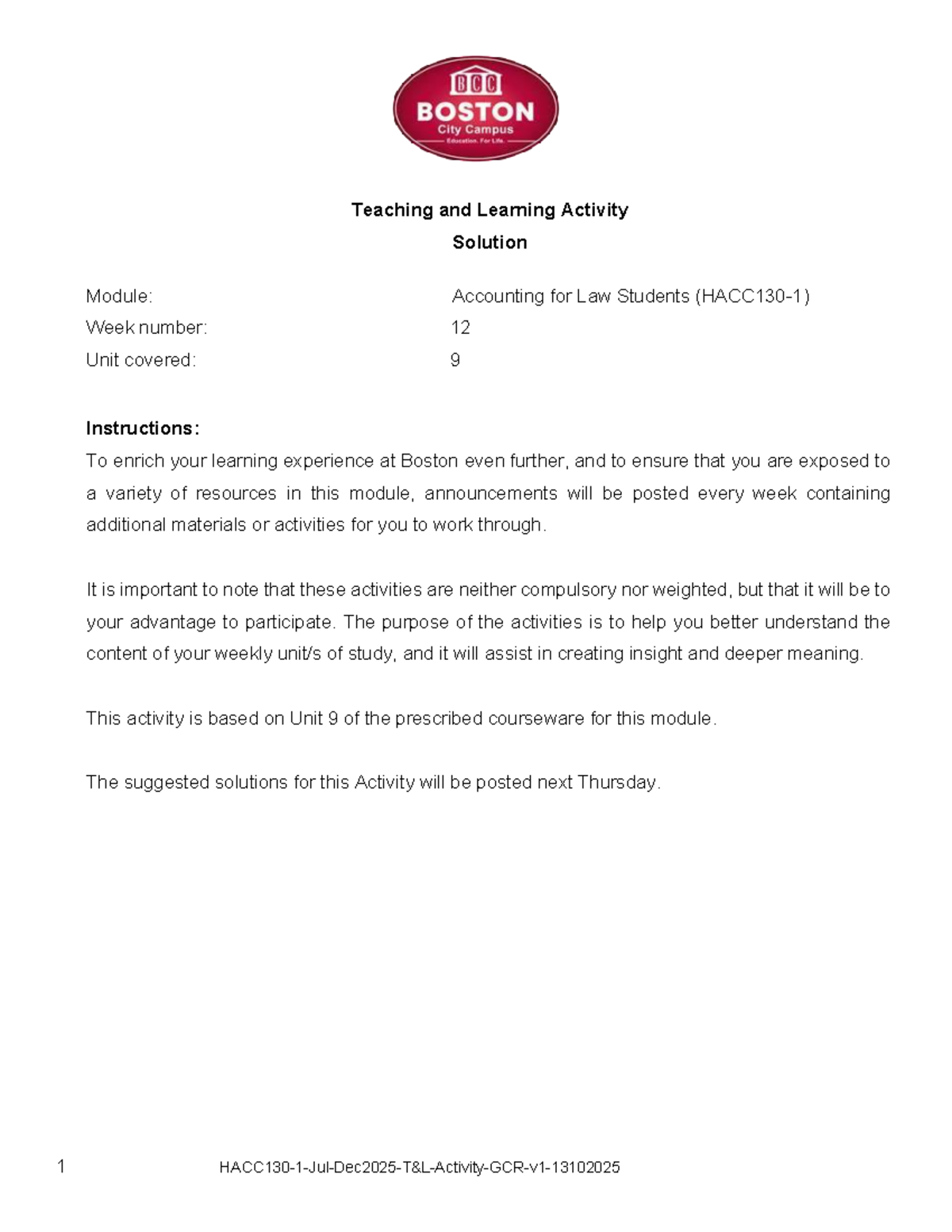 HACC130 Teaching & Learning Activity Solutions: Accounting for Law ...