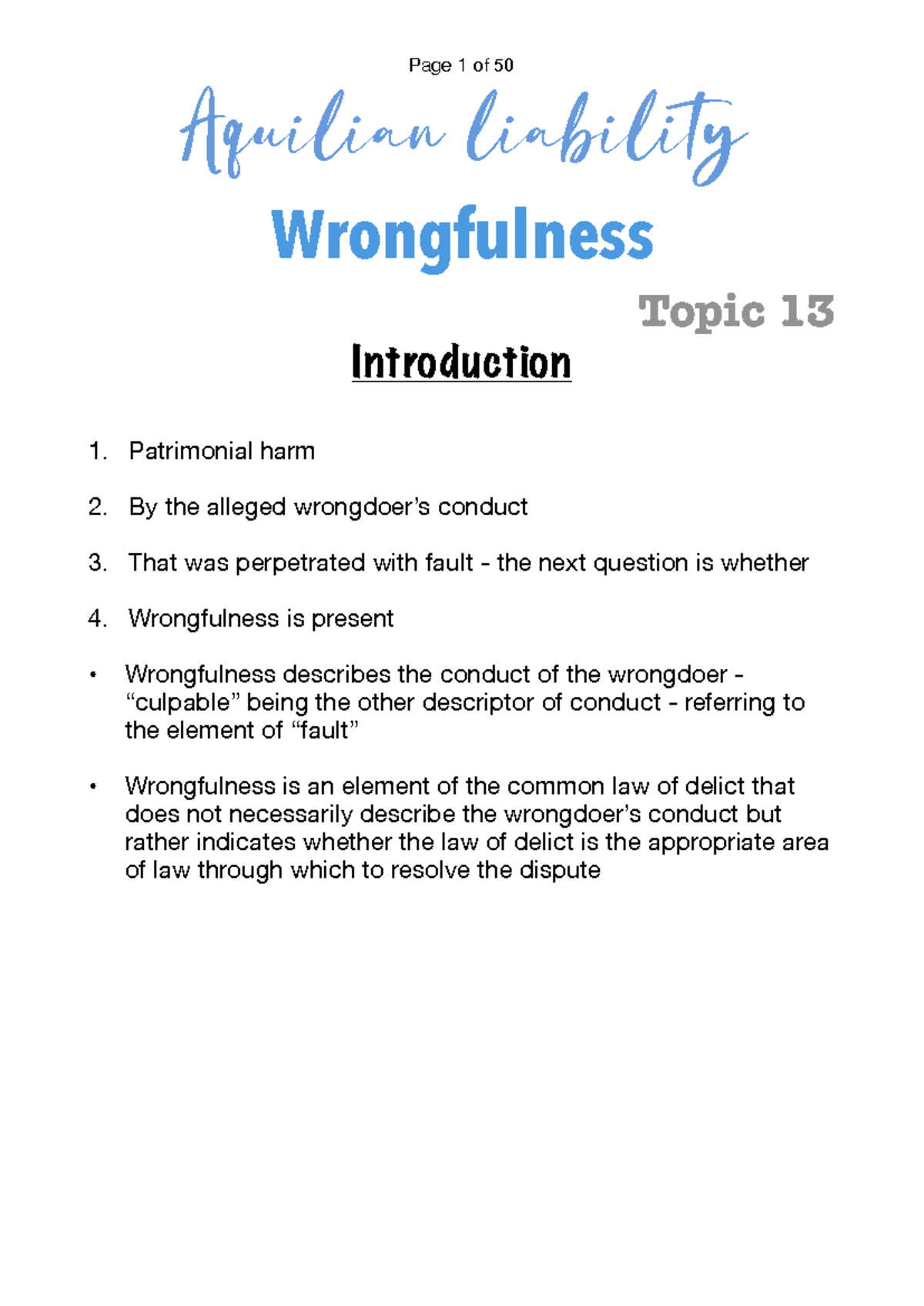 Aquilian Liability and Wrongfulness: Topic 13 Notes - Studocu