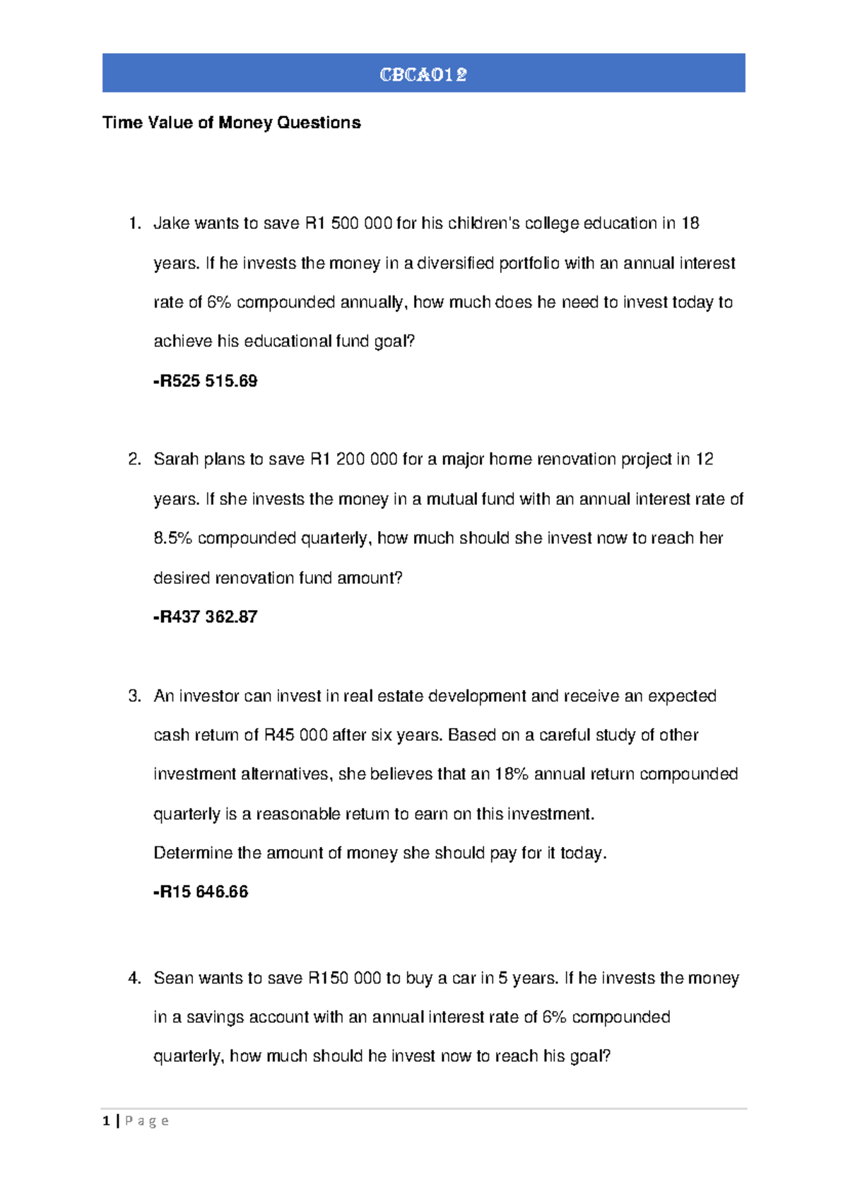 CBCA012 Time Value of Money Practice Questions and Solutions - Studocu