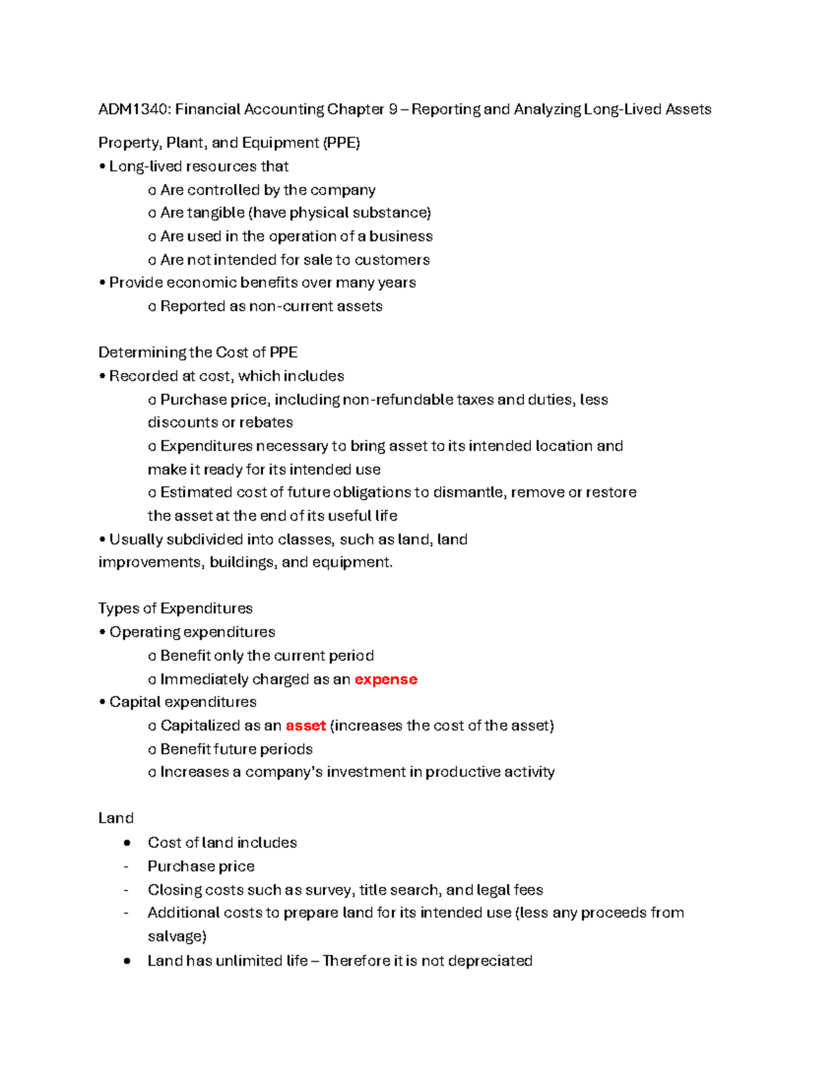 Adm1340 chapter 9 - Reporting and analyzing assets (PPE) notes - Studocu