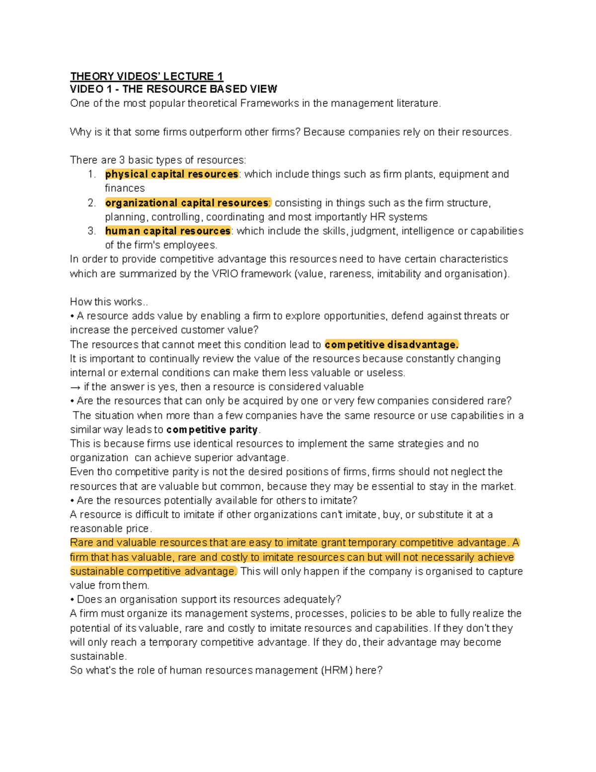 HRM LECTURE 1: RESOURCE BASED VIEW & HUMAN CAPITAL THEORY - Studocu
