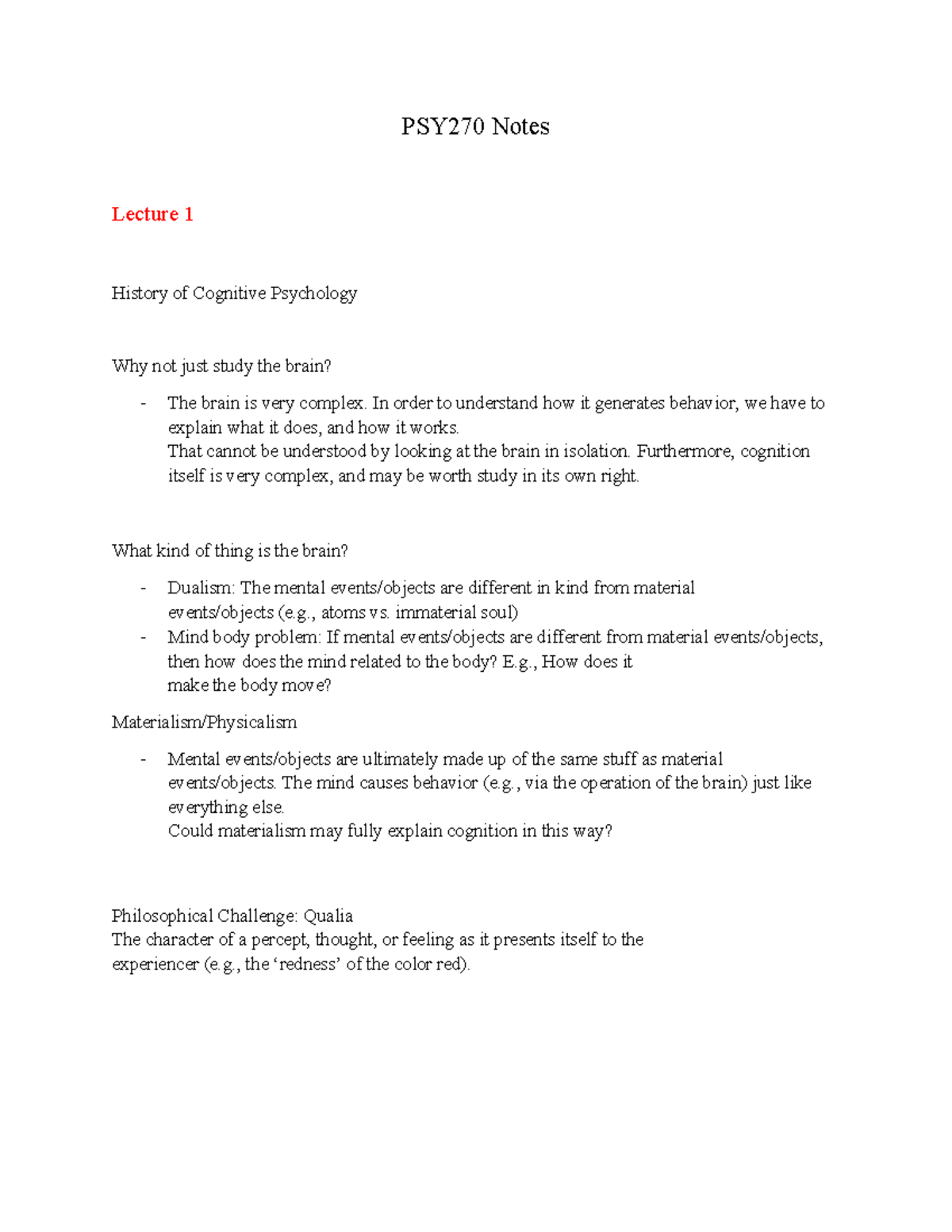 Cognitive Psychology PSY270: Lecture Notes on Memory & Attention ...