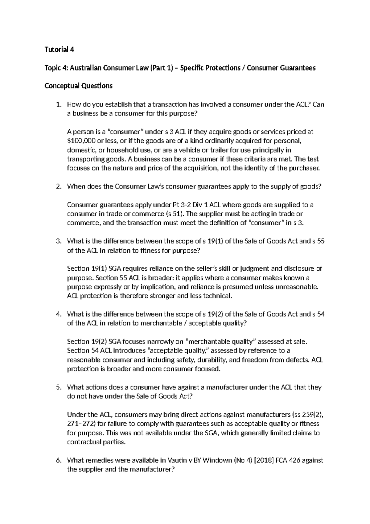 Tutorial 4: Australian Consumer Law (ACL) - Consumer Guarantees ...