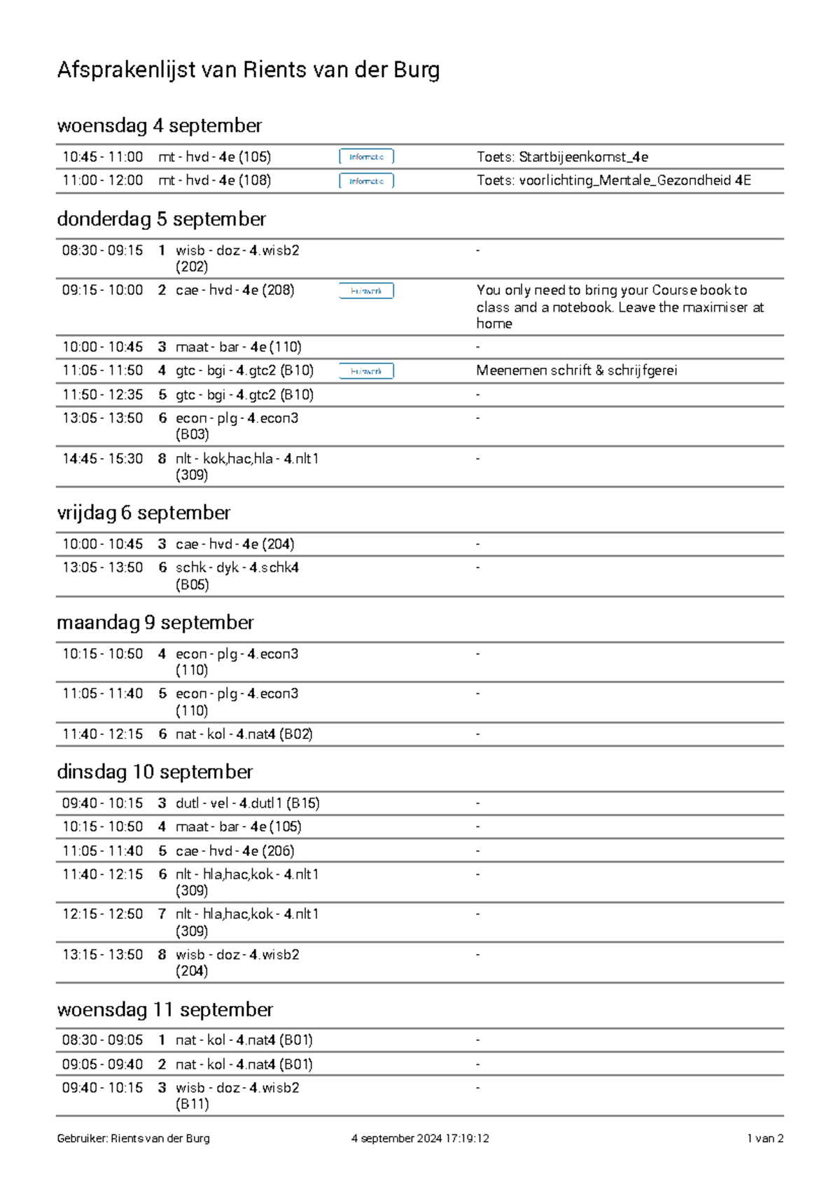 Afsprakenlijst Rients van der Burg - 4E Toetsen en Lesuren - Studeersnel