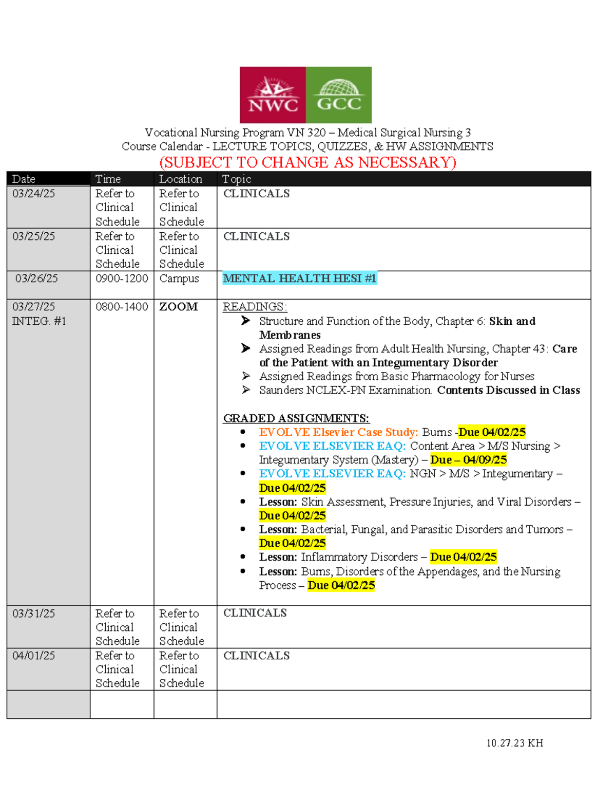 T3 Med Surg III Calendar Wk 3 - 15 (Revised 03 28 25) - Vocational ...