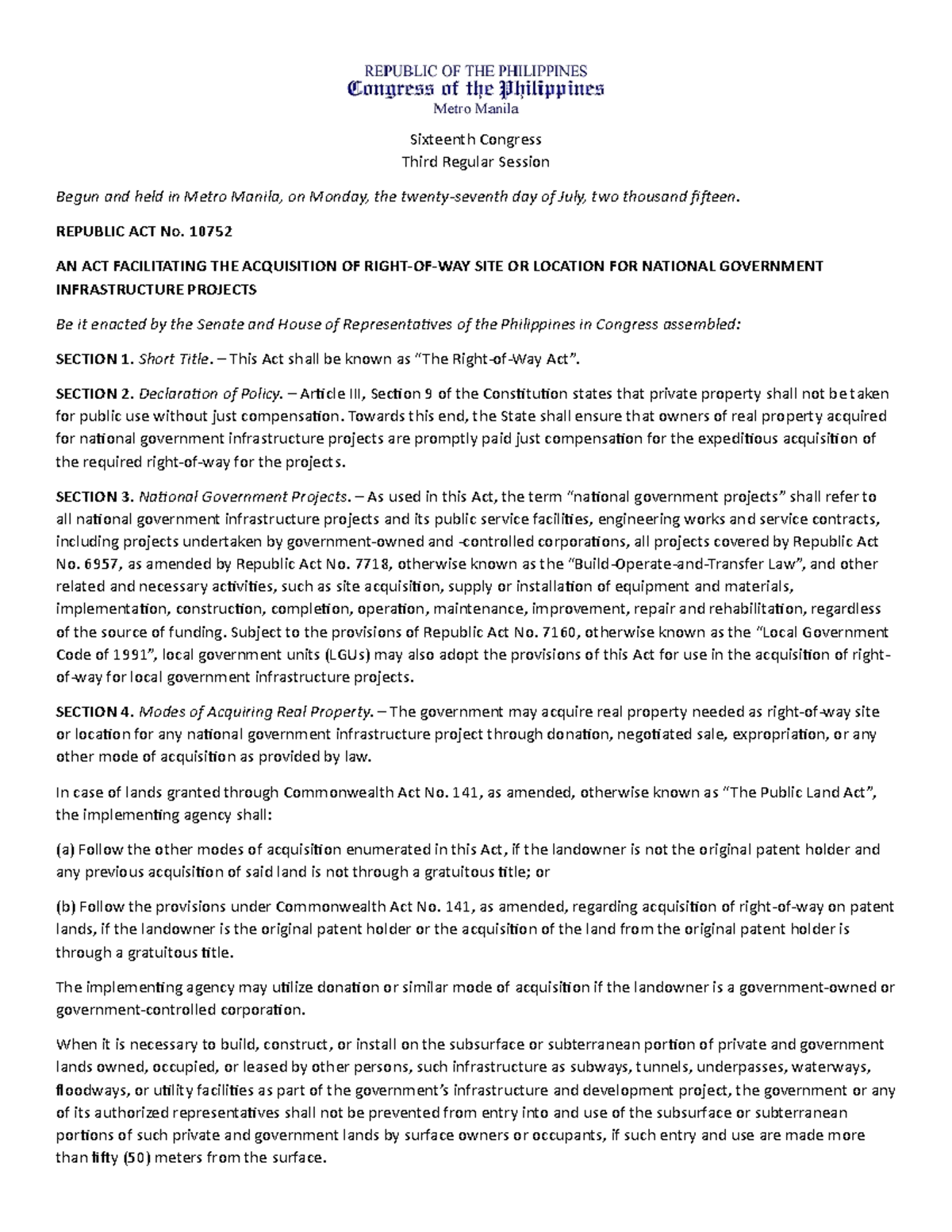 Republic Act No. 10752 - Acquisition of Site for Nat'l Infra Projects ...
