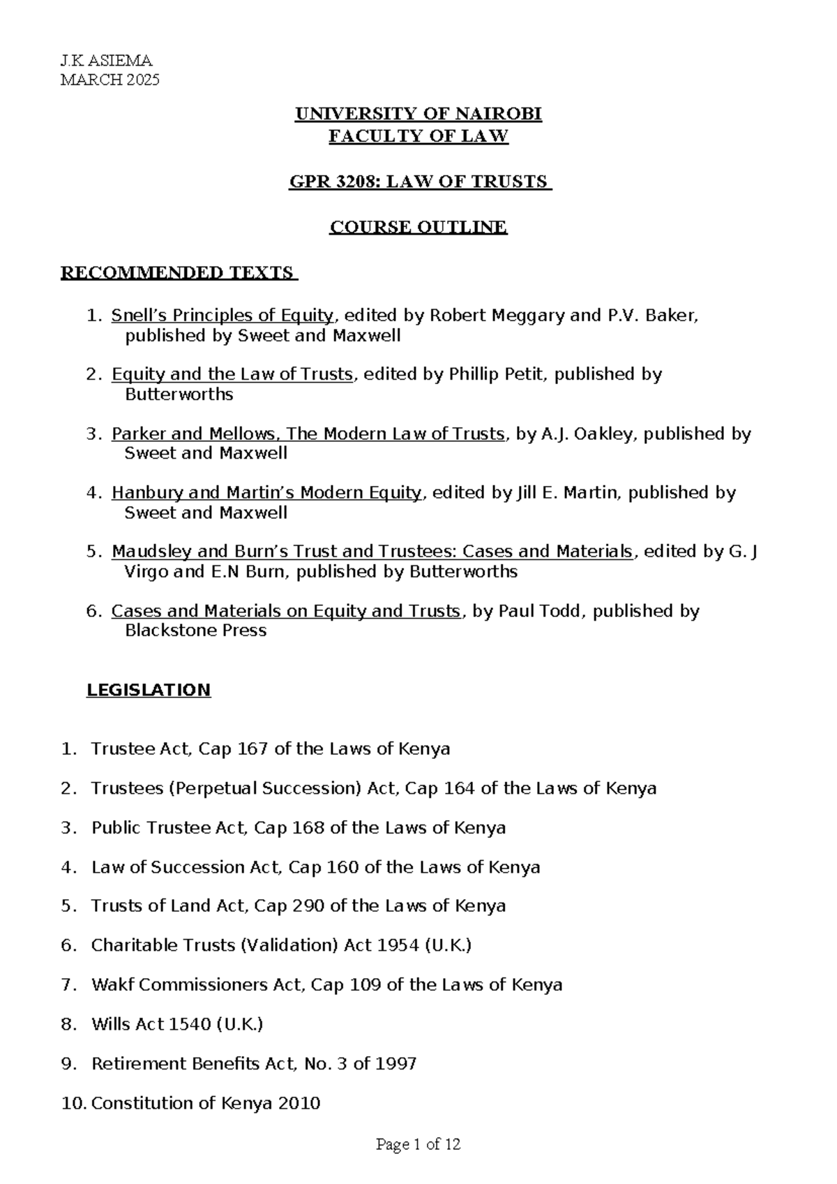 2025 GPR 3208: Law of Trusts Course Outline and Recommended Texts - Studocu