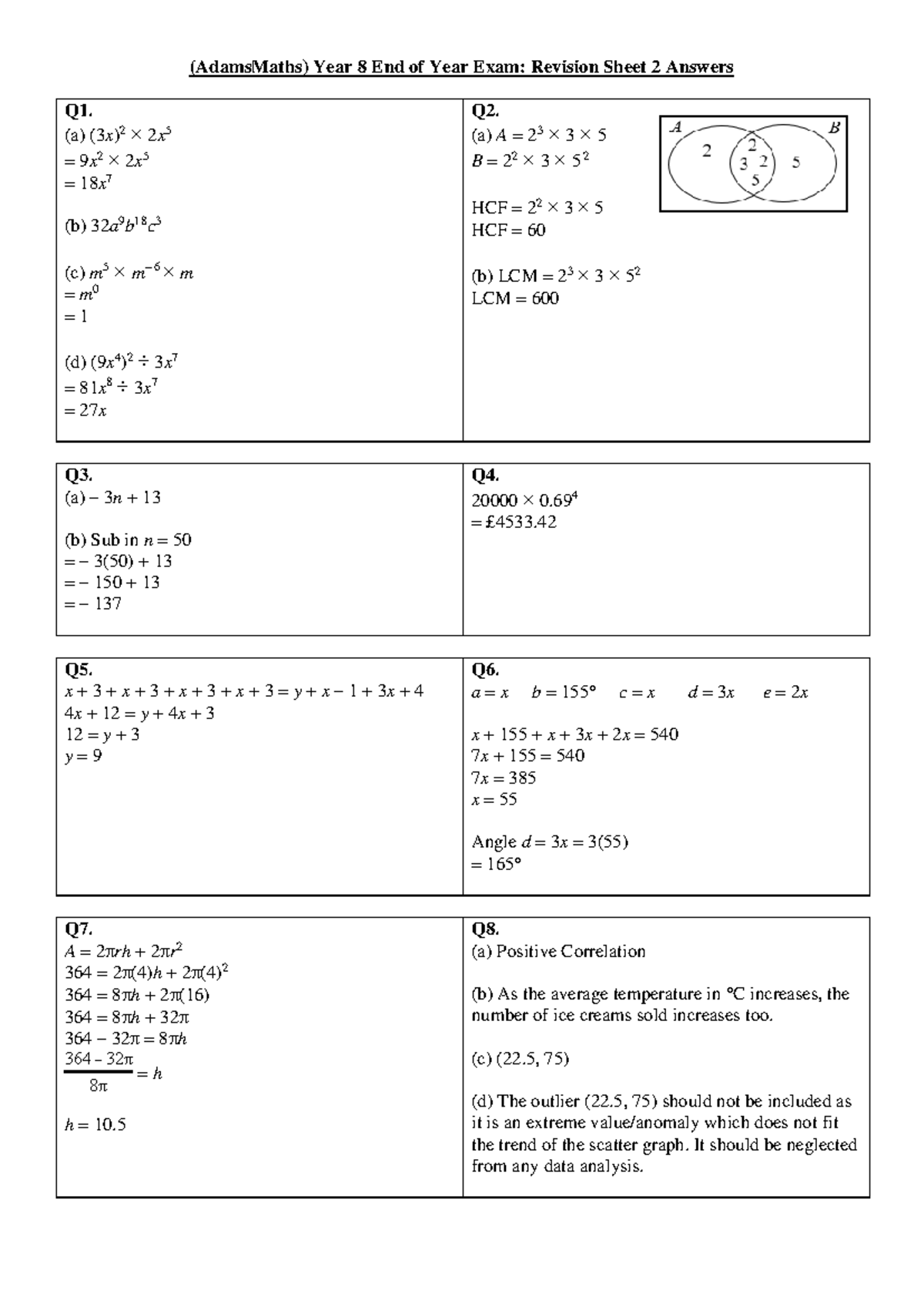 (AdamsMaths) Year 8 End of Year Exam: Revision Sheet 3 Answers - Studocu