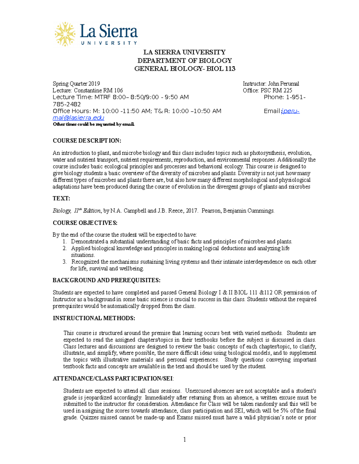 BIOL 113 Syllabus - General Biology Course Overview Spring 2019 - Studocu