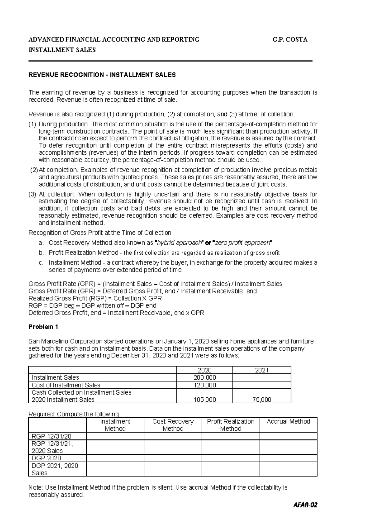 Notes on Installment Sales (ACC 301) - Revenue Recognition and ...