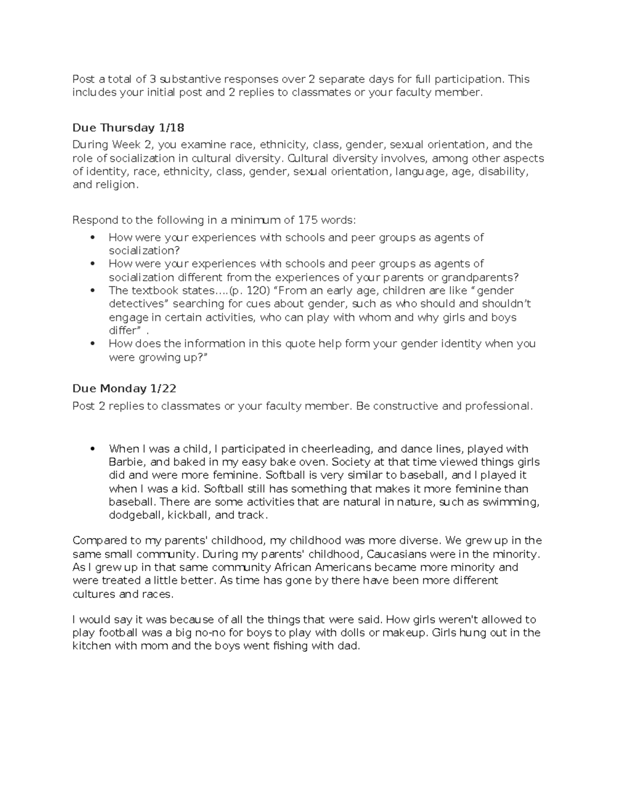 SOC 101 Week 2 Discussion: Socialization and Cultural Diversity - Studocu