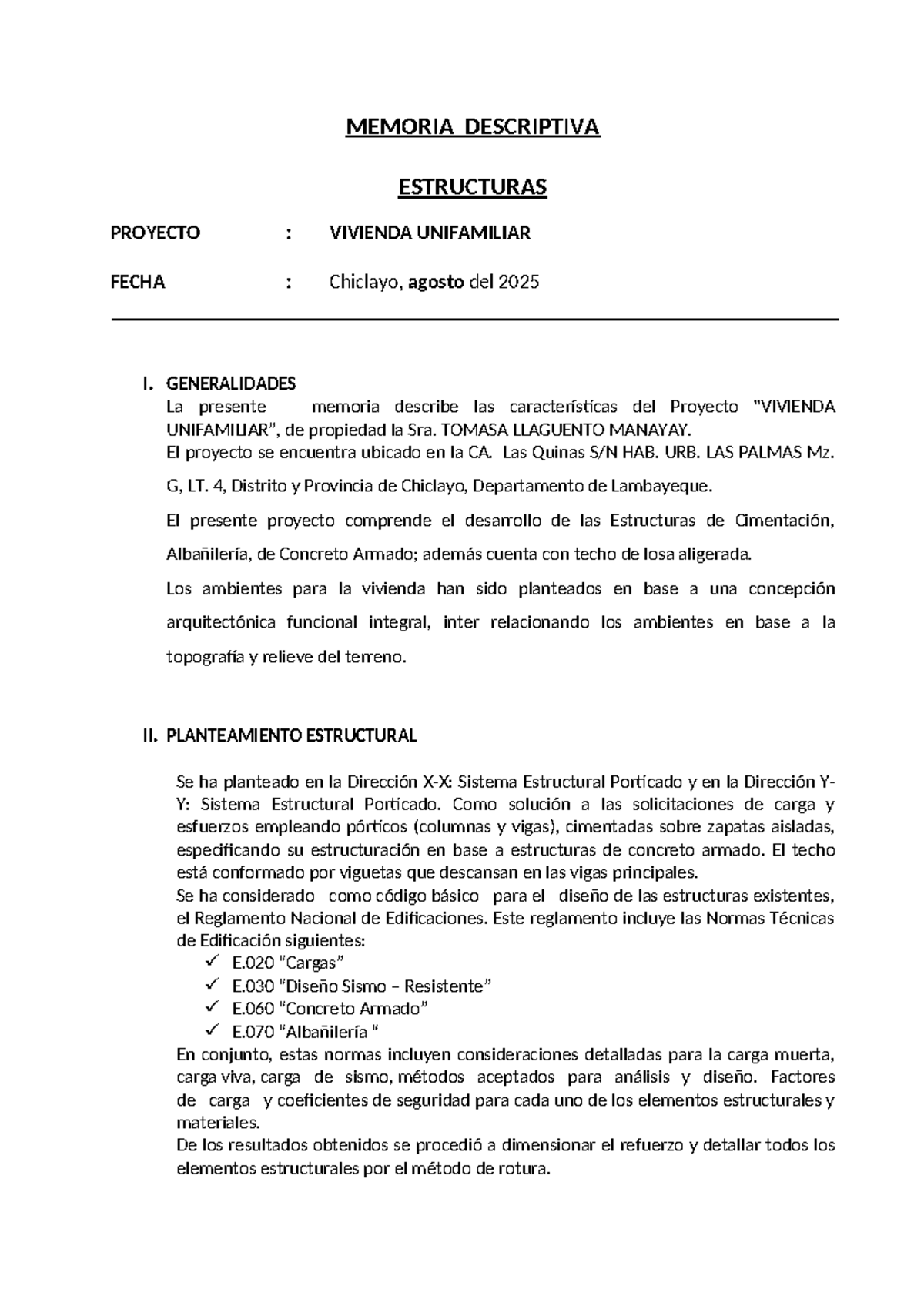 Memoria Descriptiva Estructura - Proyecto Vivienda Unifamiliar - Studocu