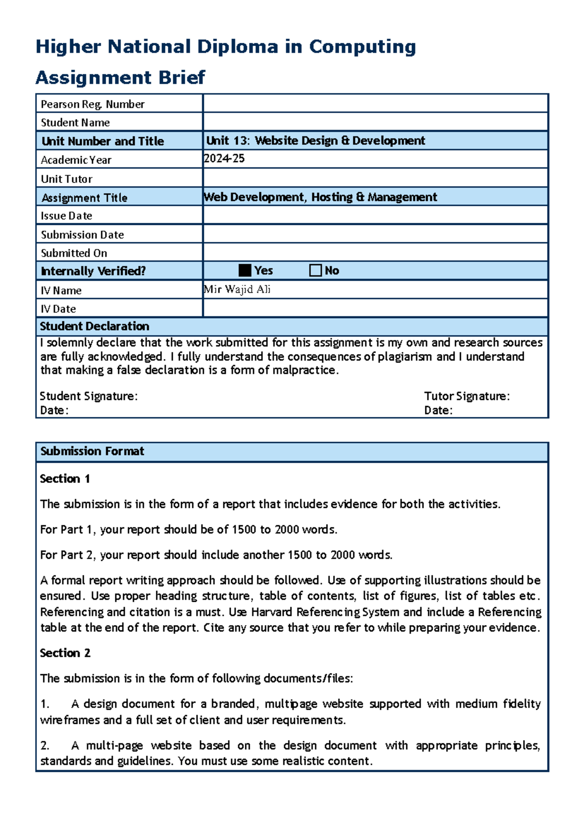 Webdev brief - Higher National Diploma in Computing Assignment Brief ...