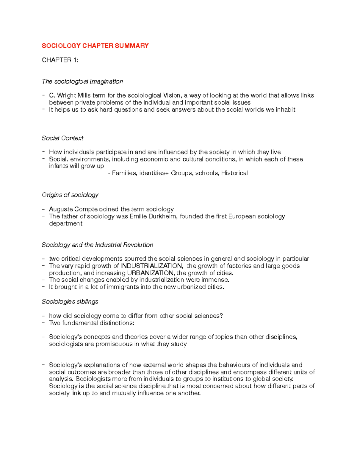 Sociology Summary: Key Concepts and Theories from Chapters 1-9 - Studocu