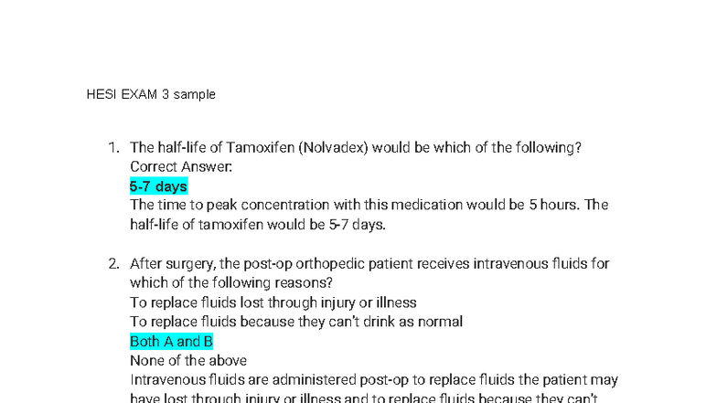 HESI EXAM 3 Sample Questions and Answers - Studocu