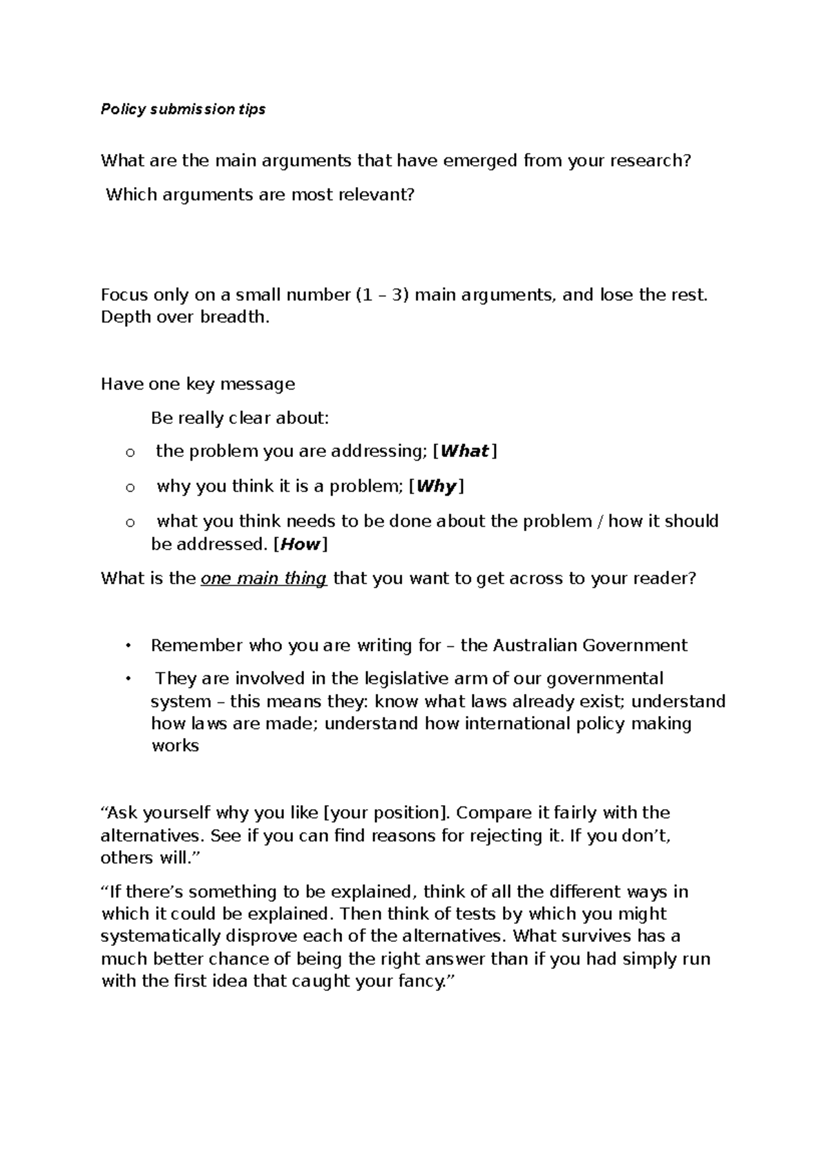 Tips for Policy Submission: Key Arguments for Australian Government ...