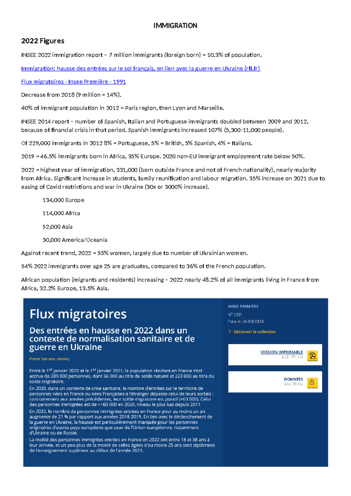 Immigration in France - IMMIGRATION 2022 Figures INSEE 2022 immigration ...