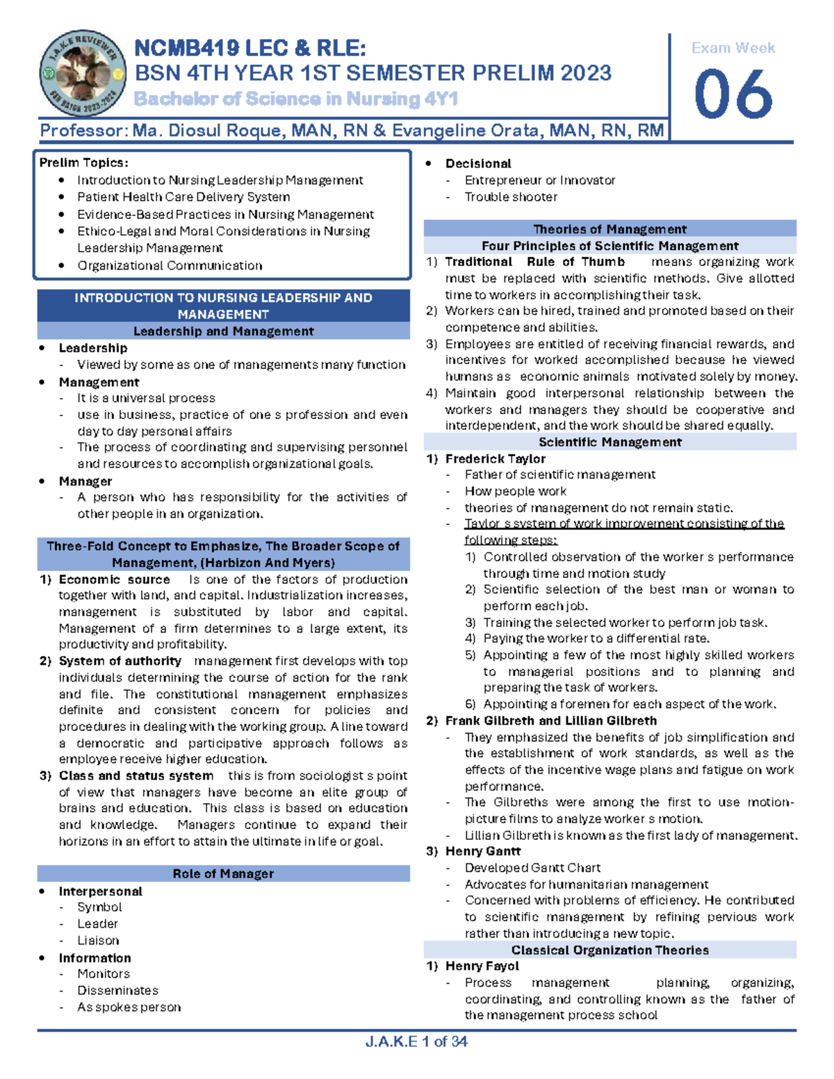 NCMB419 LEC RLE: BSN 4TH YEAR 1ST SEMESTER PRELIM 2023 Study Notes ...