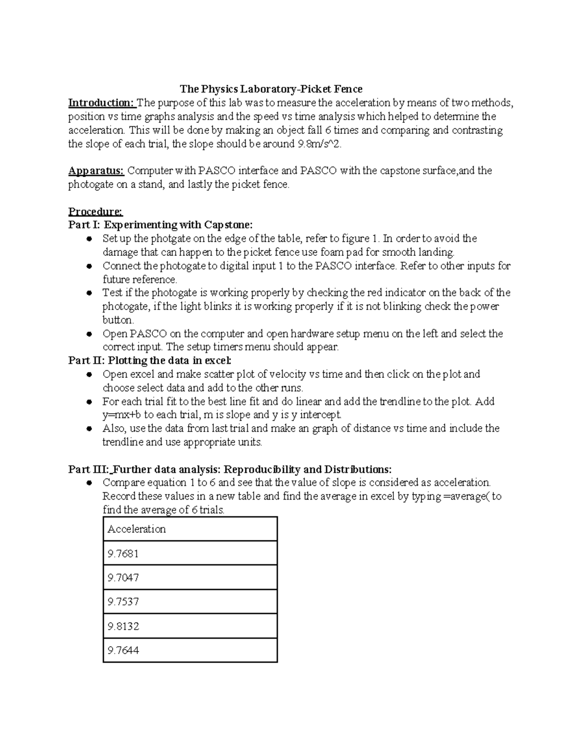 Lab #1 - Report on Acceleration Measurement with Picket Fence Methods ...