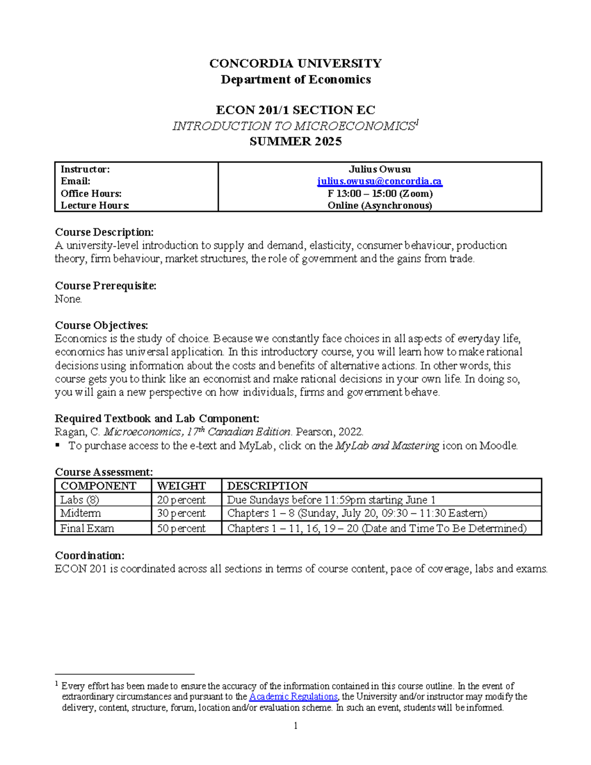 ECON 201 - Intro to Microeconomics Course Outline - Summer 2025 - Studocu