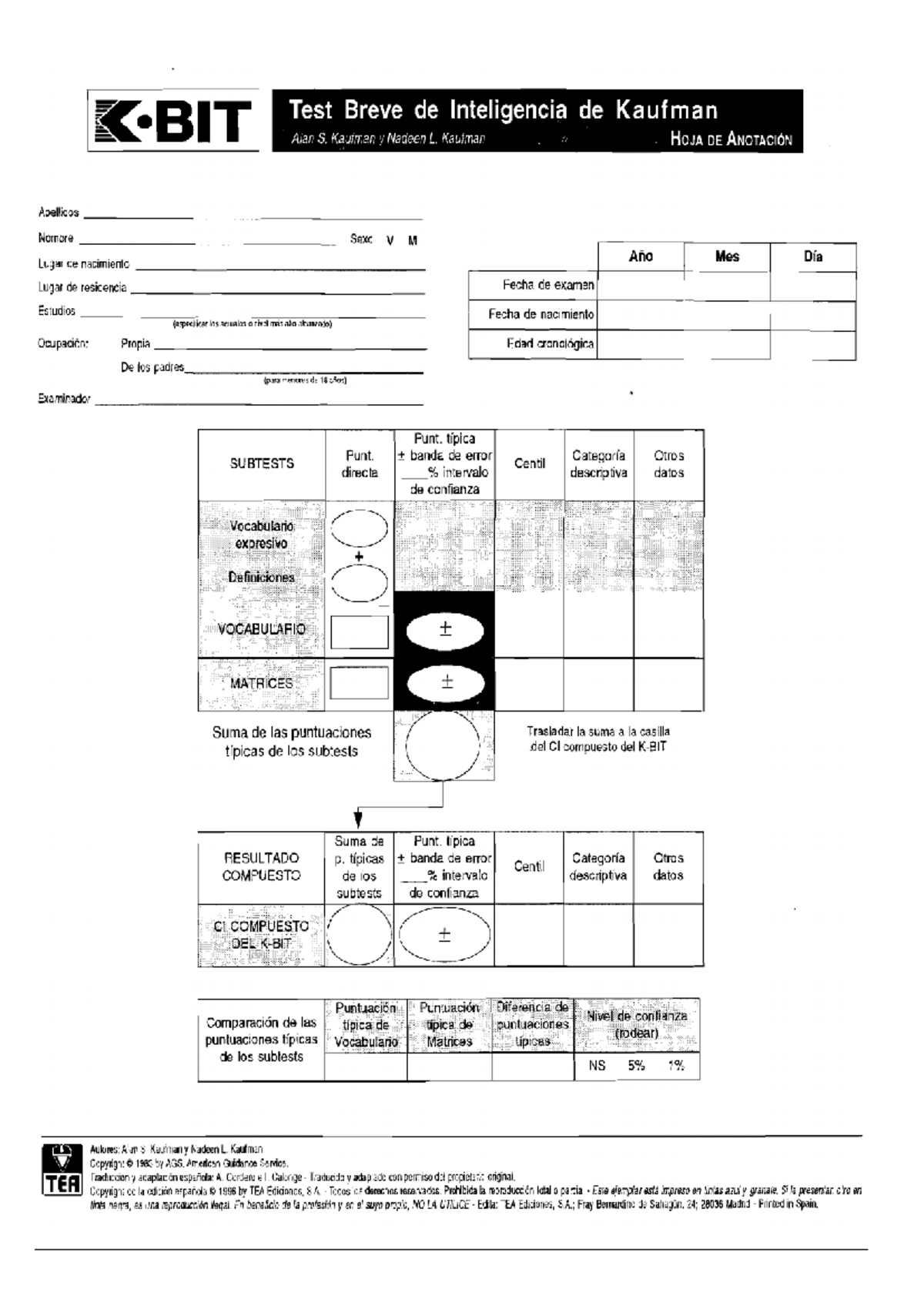 Hoja de Respuestas - Test de Inteligencia de Kaufman (Kaufman Test ...