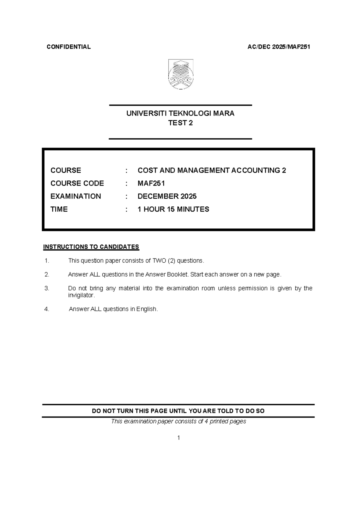 MAF251 Test 2: Cost & Management Accounting Exam Dec 2025 - Studocu