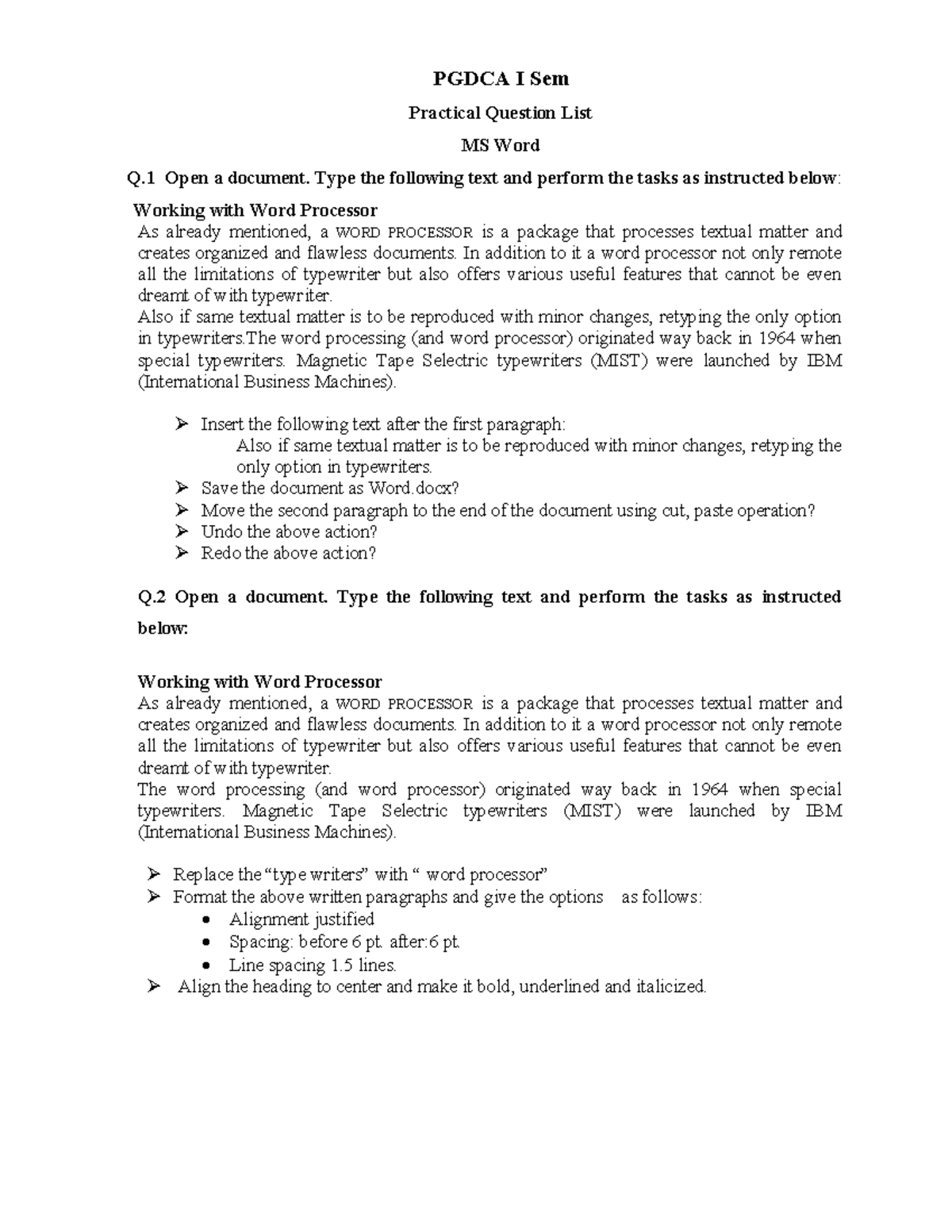 PGDCA I Sem Final Practical Question List – Updated Guide - Studocu