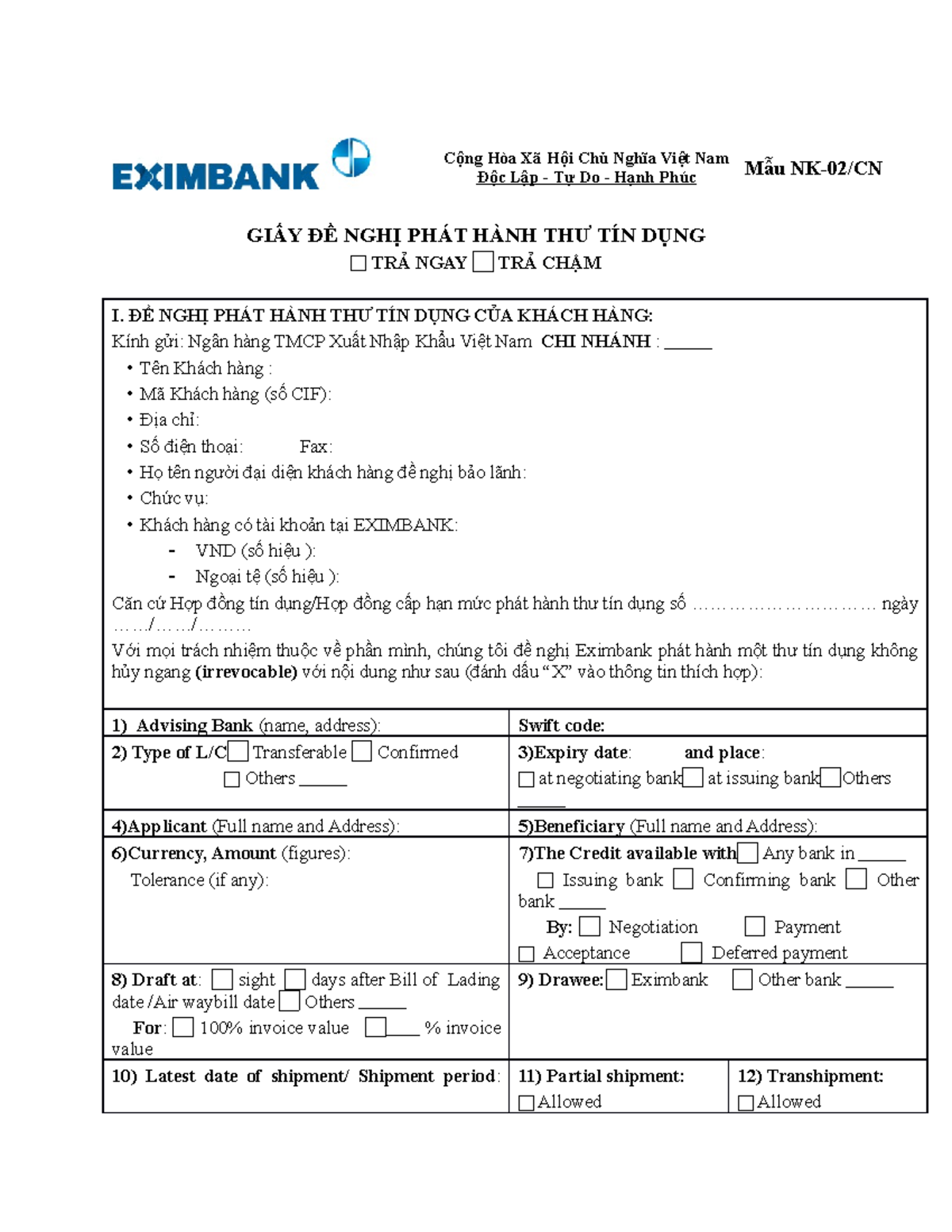 LC application form - Eximbank - GIẤY ĐỀ NGHỊ PHÁT HÀNH THƯ TÍN DỤNG ...