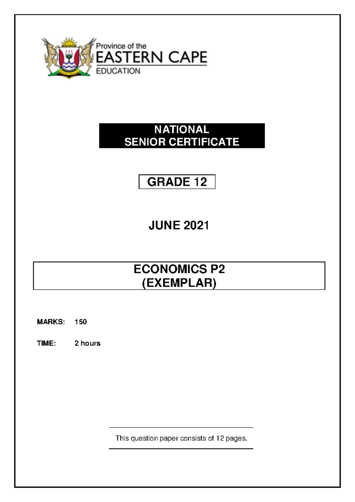 Economics P2 Grade 12 Question Paper - June 2021 Exam - Studocu