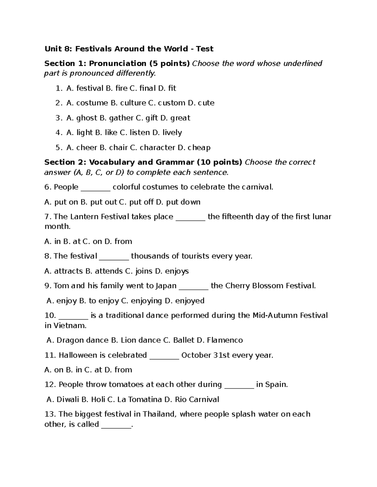 Unit 8 - Festivals Around the World Test - 123123 - Studocu